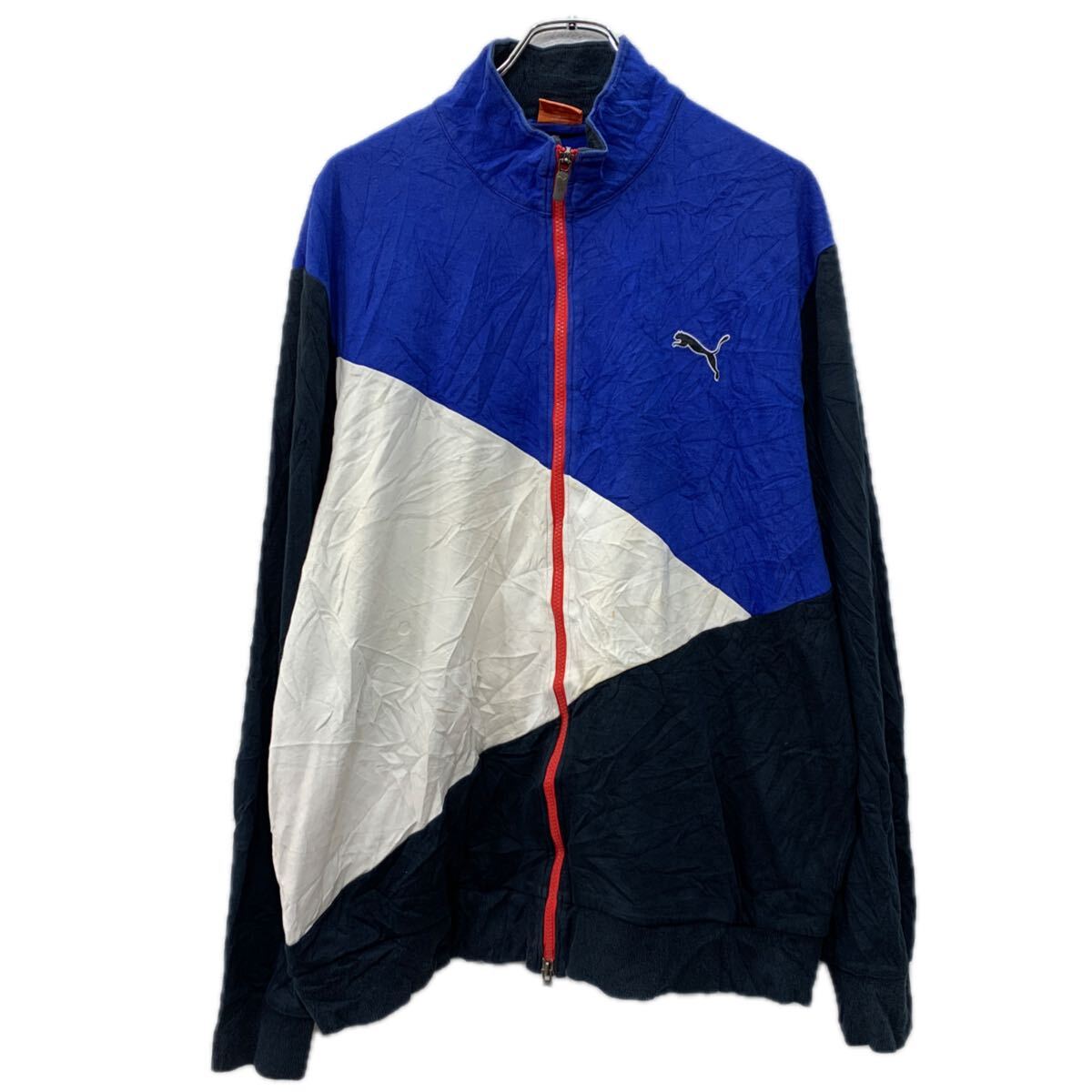 【中古】【古着】 PUMA ロゴスウェット トレーナー XL ブルー マルチカラー プーマ 刺繍ワンポイント ジップアップ スポーティー 秋物 ..