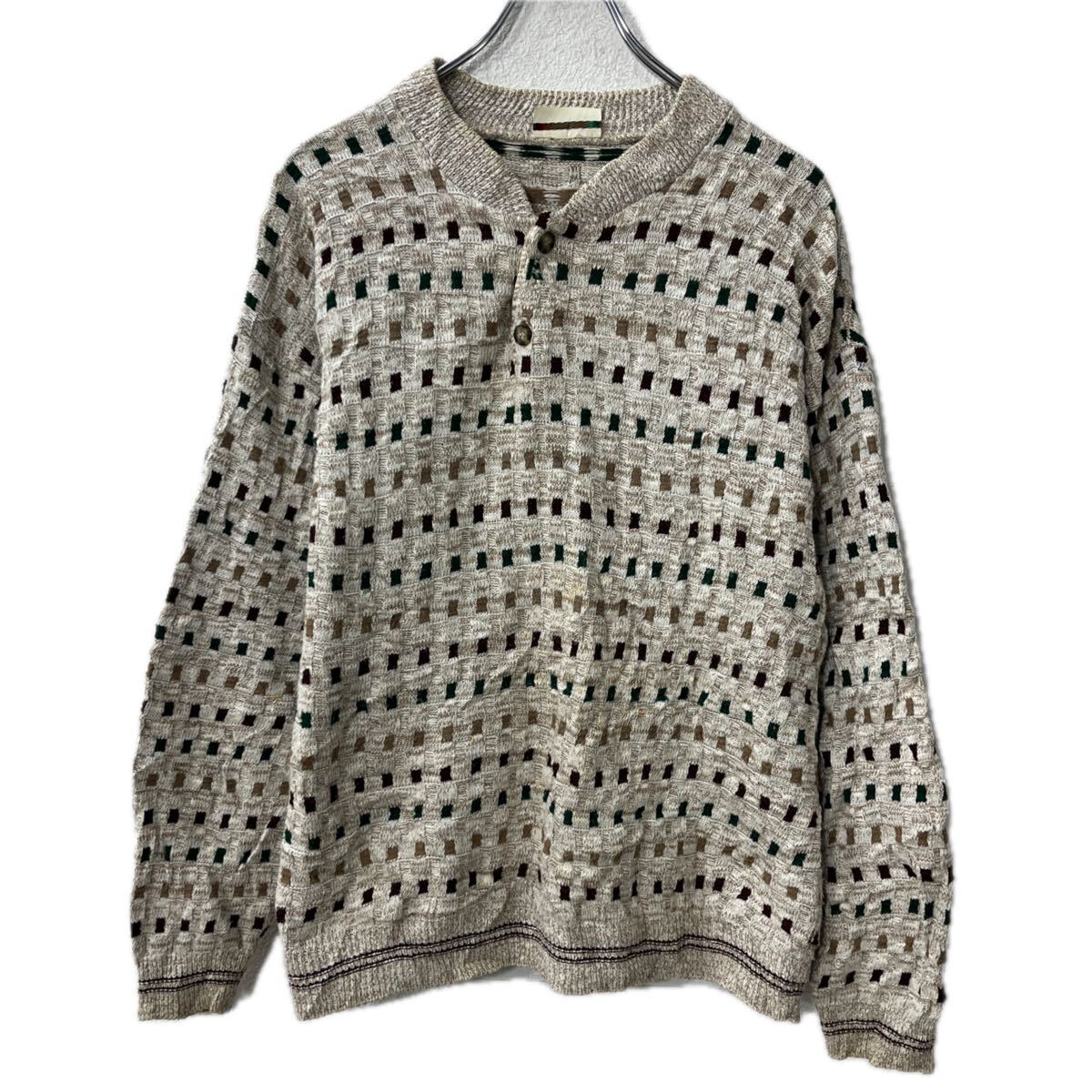 【中古】【古着】 PORTO BELLO ニット セーター XL～ ベージュ系 マルチカラー 総柄 ハーフボタン プルオーバー 秋物 a712-5534