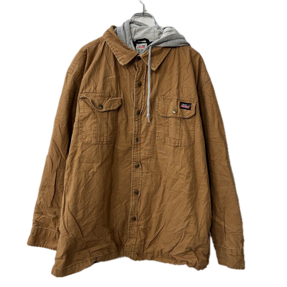【中古】【古着】 Dickies ダックジャケット XL ブラウン ジップアップ スナップボタン フーディー 裏地キルティング ワークウェア アウター 冬物 a712-5541
