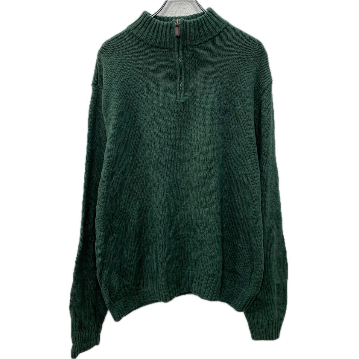 【中古】【古着】 CHAPS コットンニット セーター XL グリーン チャップス ハーフジップ 刺繍ワンポイント 無地セーター コットン100% 無地 秋物 a712-5557