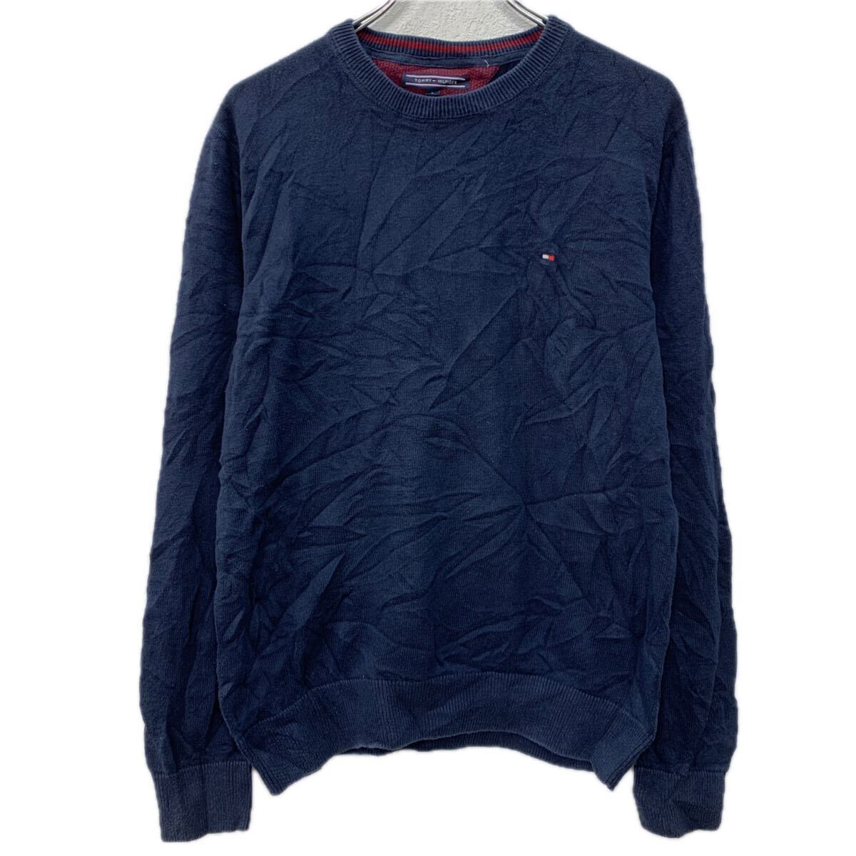 【中古】【古着】 TOMMY HILFIGER コットンニット セーター L ネイビー トミーヒルフィガー 刺繍ワンポイント 無地セーター コットン100% 秋物 a712-5558