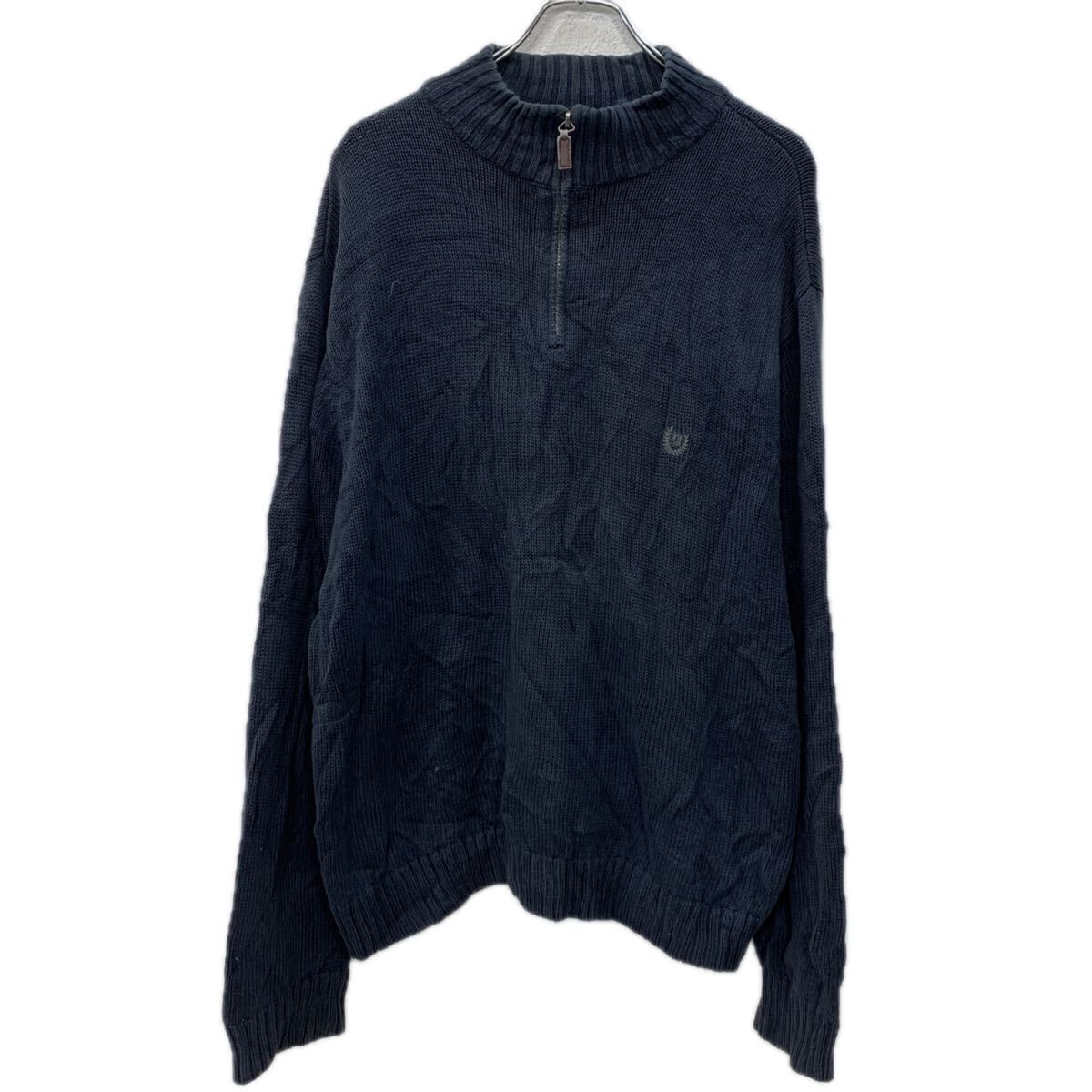 【中古】【古着】 CHAPS コットンニット セーター XL ブラック チャップス ハーフジップ 刺繍ワンポイント 無地セーター コットン100% 無地 秋物 a712-5563