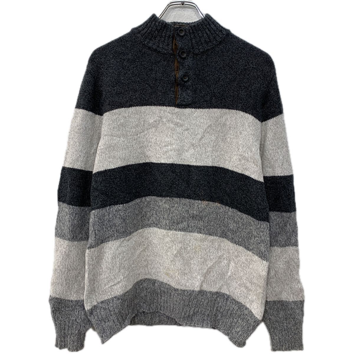 【中古】【古着】 CHAPS コットンニット セーター S ブラック グレー チャップス ハーフボタン コットン100% ボーダーセーター モックネック 秋物 a712-5564