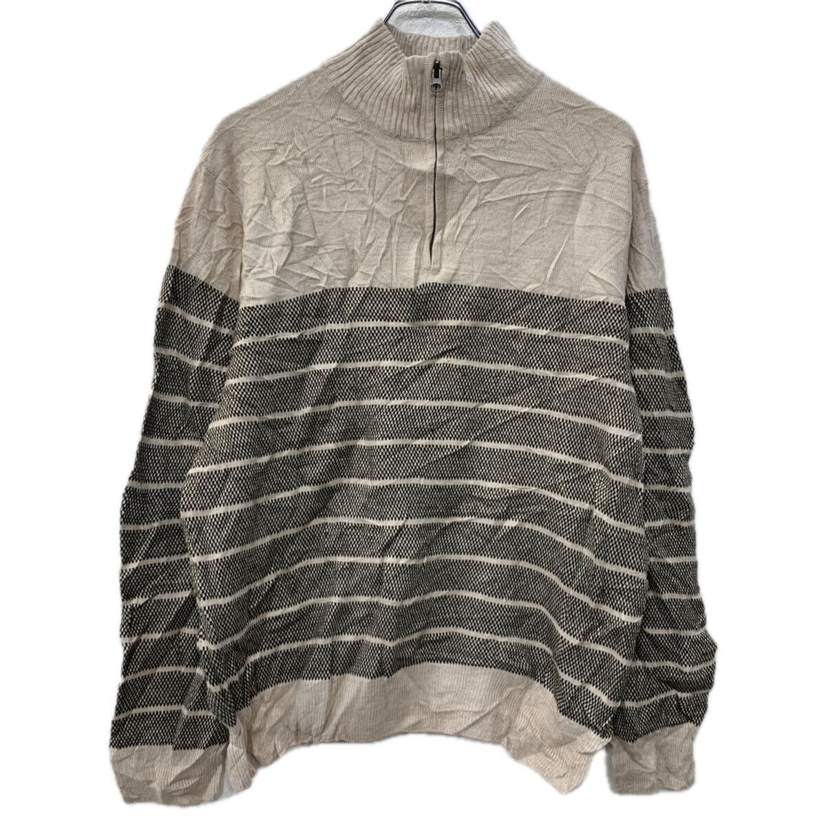 【中古】【古着】 DOCKERS アクリルニット セーター L ベージュ ブラック ドッカーズ ハーフジップ ボーダーセーター モックネック ボーダー 秋物 a712-5565