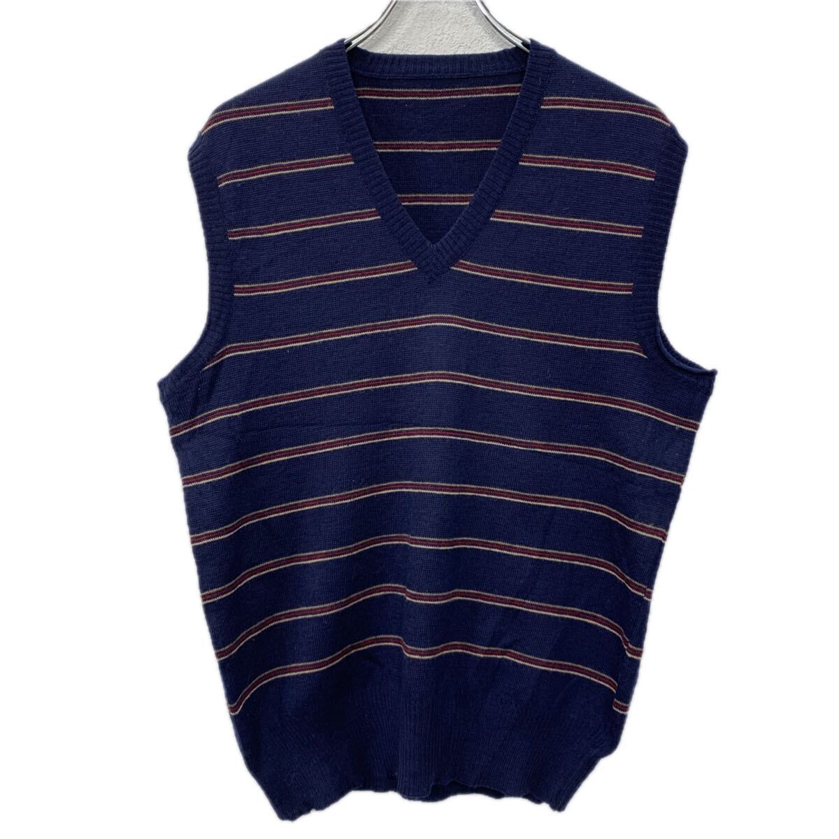 【中古】【古着】 コットンニット ベスト L ネイビー マルチカラー Vネック ボーダーニットベスト ニットベスト ボールニット ボーダー..