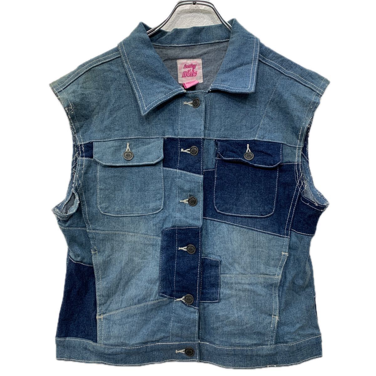 【中古】【古着】 BABYDOLL デニムベスト L レディース ブルー インディゴブルー ボタン 胸ポケット デニムジャケット ベスト デニム 春物 a712-5632