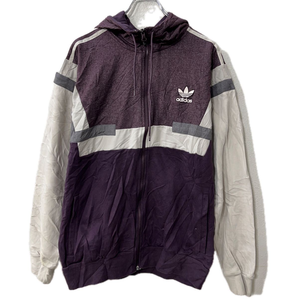 【中古】【古着】 adidas ロゴスウェット パーカー L パープル アディダス フーディー ジップアップ スポーティー トレフォイル トップス 秋物 a712-5697