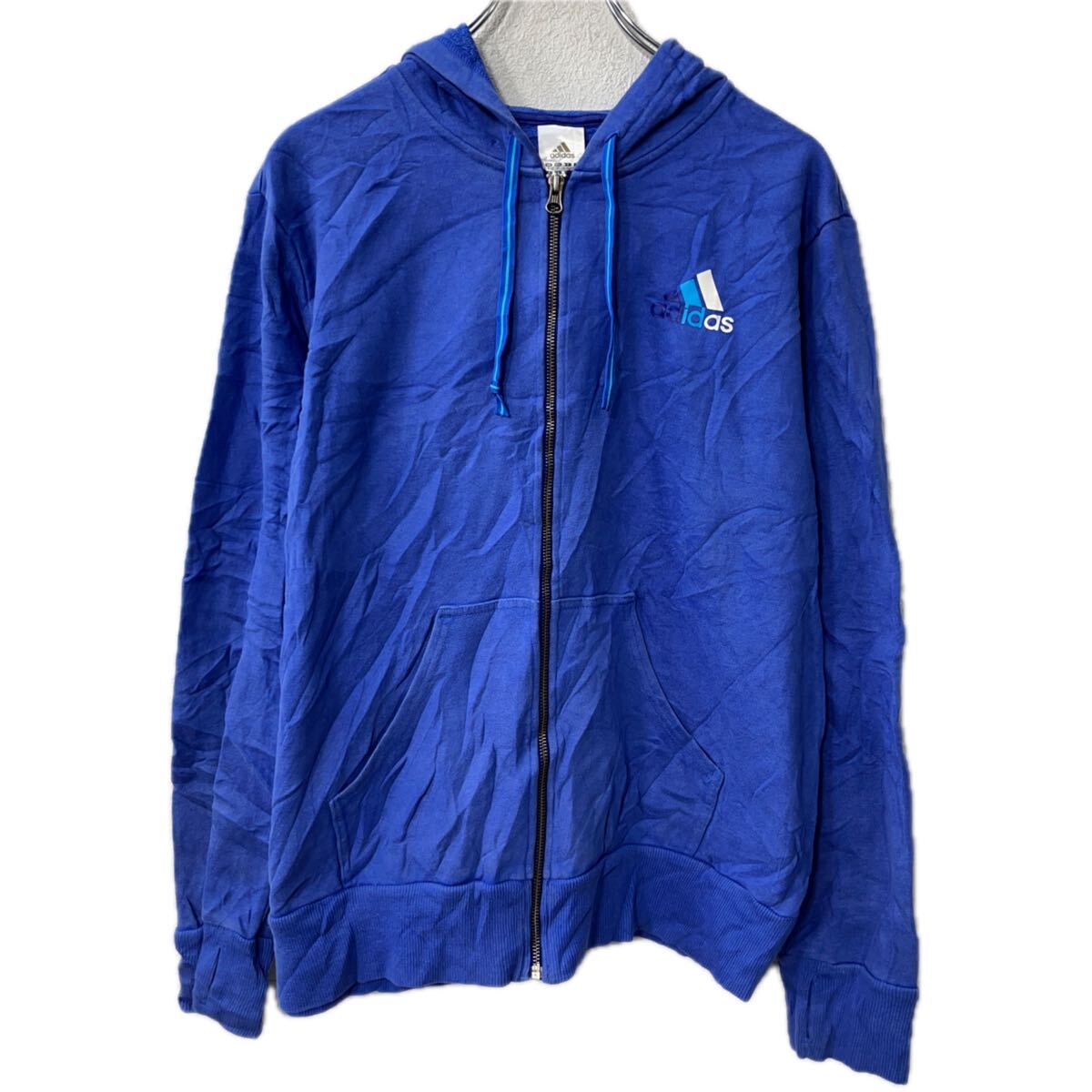 【中古】【古着】 adidas ロゴスウェット パーカー XL ブルー アディダス フーディー ジップアップ プリント トップス 秋物 a712-5699