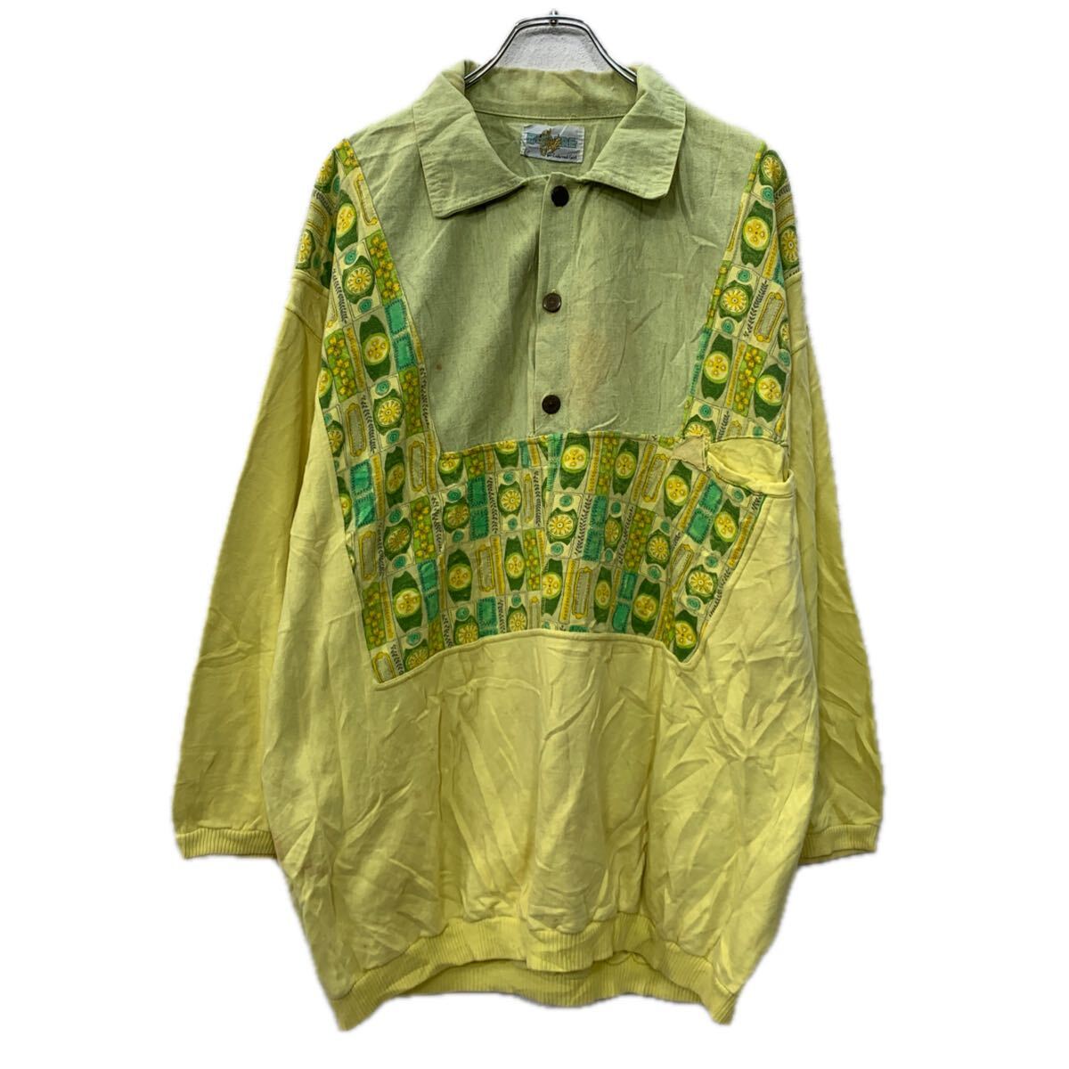 【中古】【古着】 BIRE for Lady and Girl ロゴスウェット トレーナー XL イエロー マルチカラー ハーフボタン 胸ポケット 花柄 スウェット 秋物 a712-5705