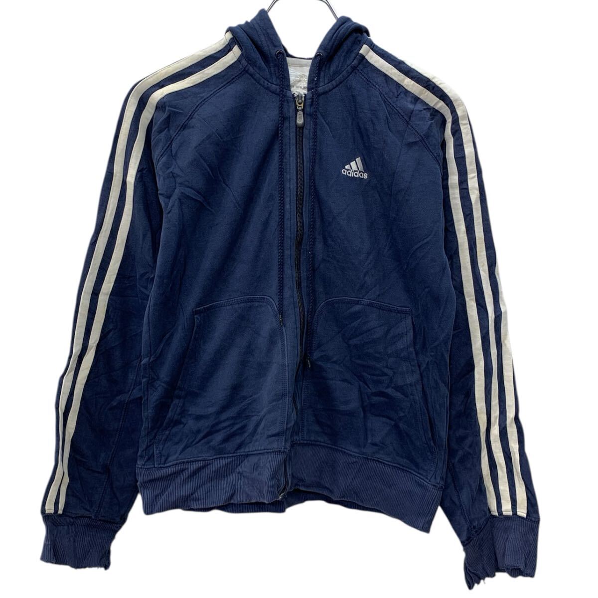 【中古】【古着】 adidas ロゴスウェット パーカー S ネイビー ホワイト アディダス ジップアップ 刺繍ワンポイント フーディー スポーティー 秋物 a712-5732