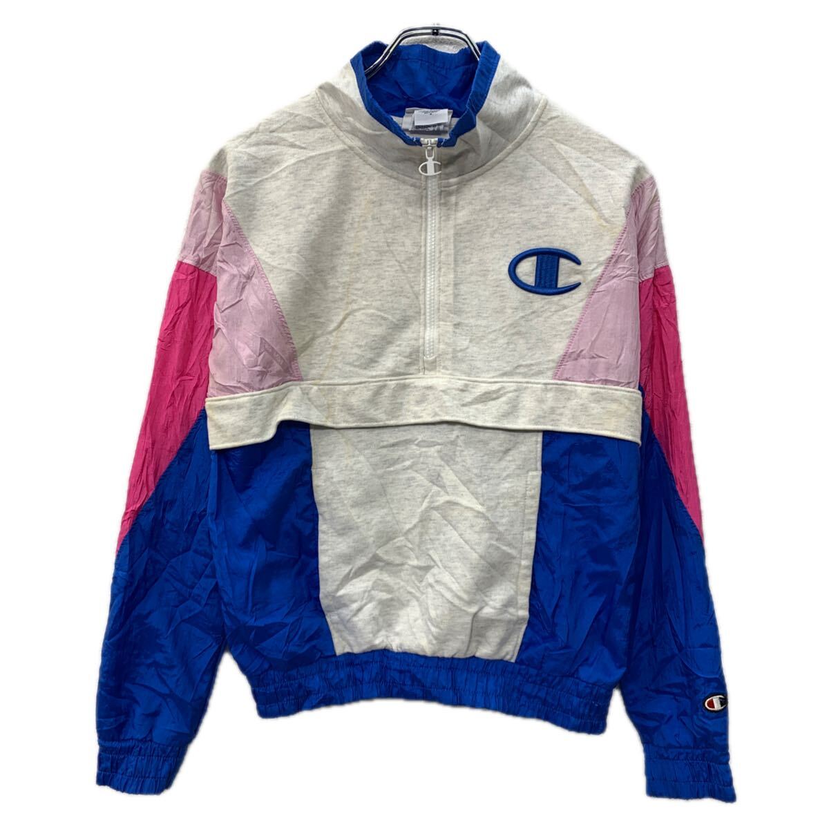【中古】【古着】 Champion ロゴスウェット トレーナー XS グレー マルチカラー チャンピオン ハーフジップ 刺繍ワンポイント スポーティー 秋物 a712-5740