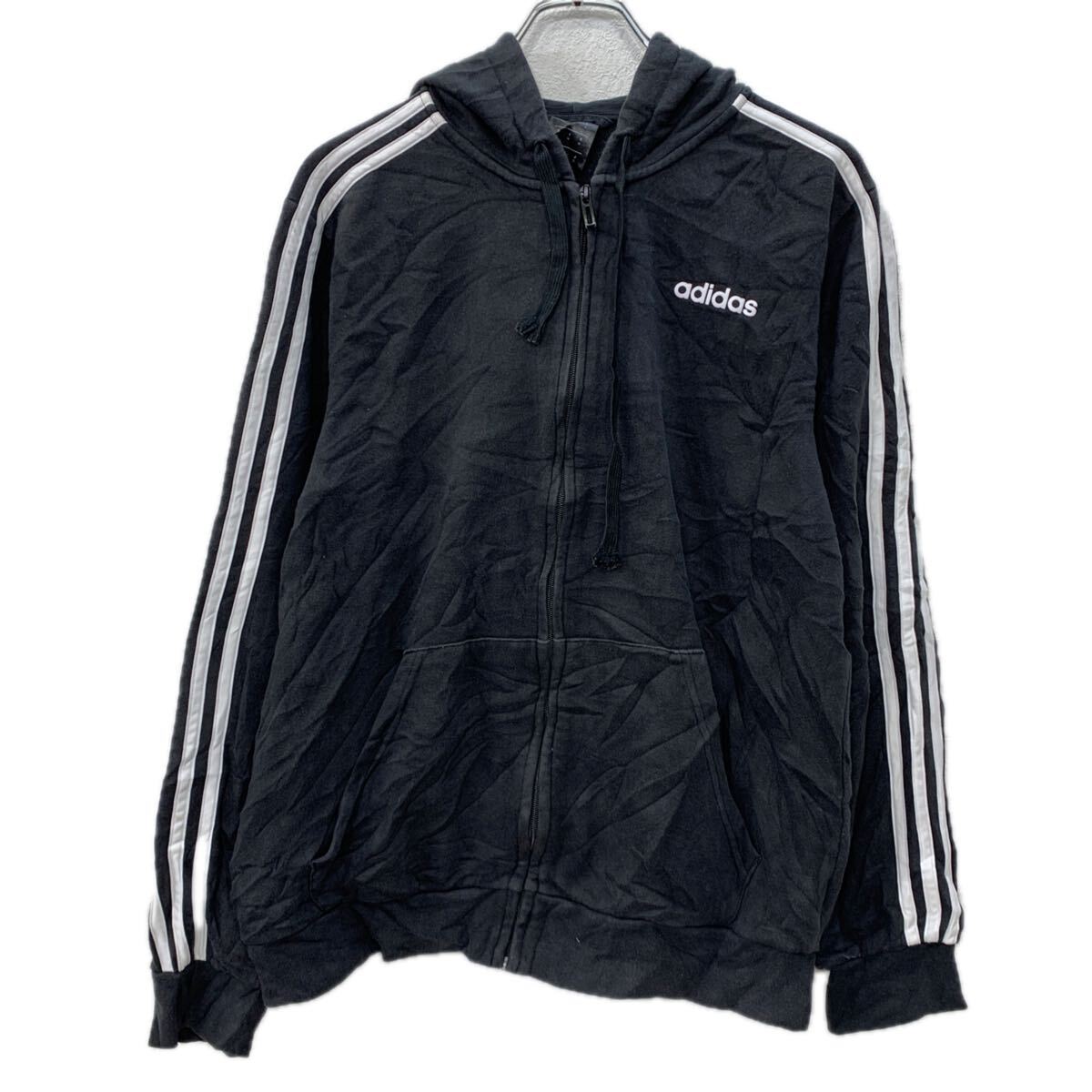 【中古】【古着】 adidas ロゴスウェット パーカー M ブラック ホワイト アディダス ジップアップ フーディー スポーティー アームデザイン 秋物 a712-5752