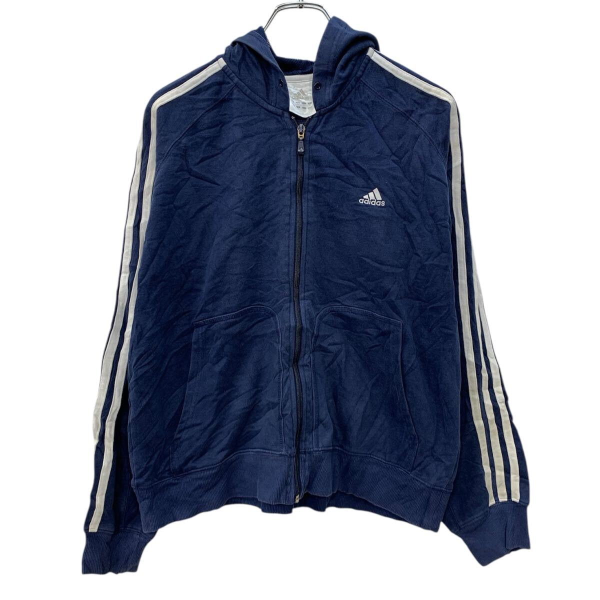 【中古】【古着】 adidas ロゴスウェット パーカー XL ネイビー ホワイト アディダス ジップアップ 刺繍ワンポイント フーディー スウェット 秋物 a712-5753