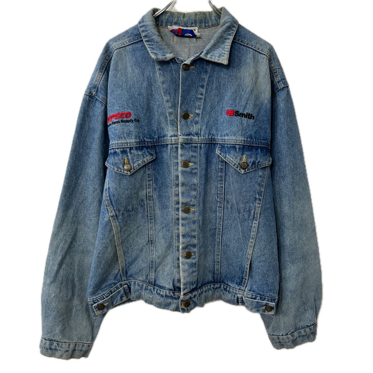 【中古】【古着】 USA製 MBA デニムジャケット 3XL インディゴブルー ボタン 胸ポケット ロゴ 刺繍プリ..