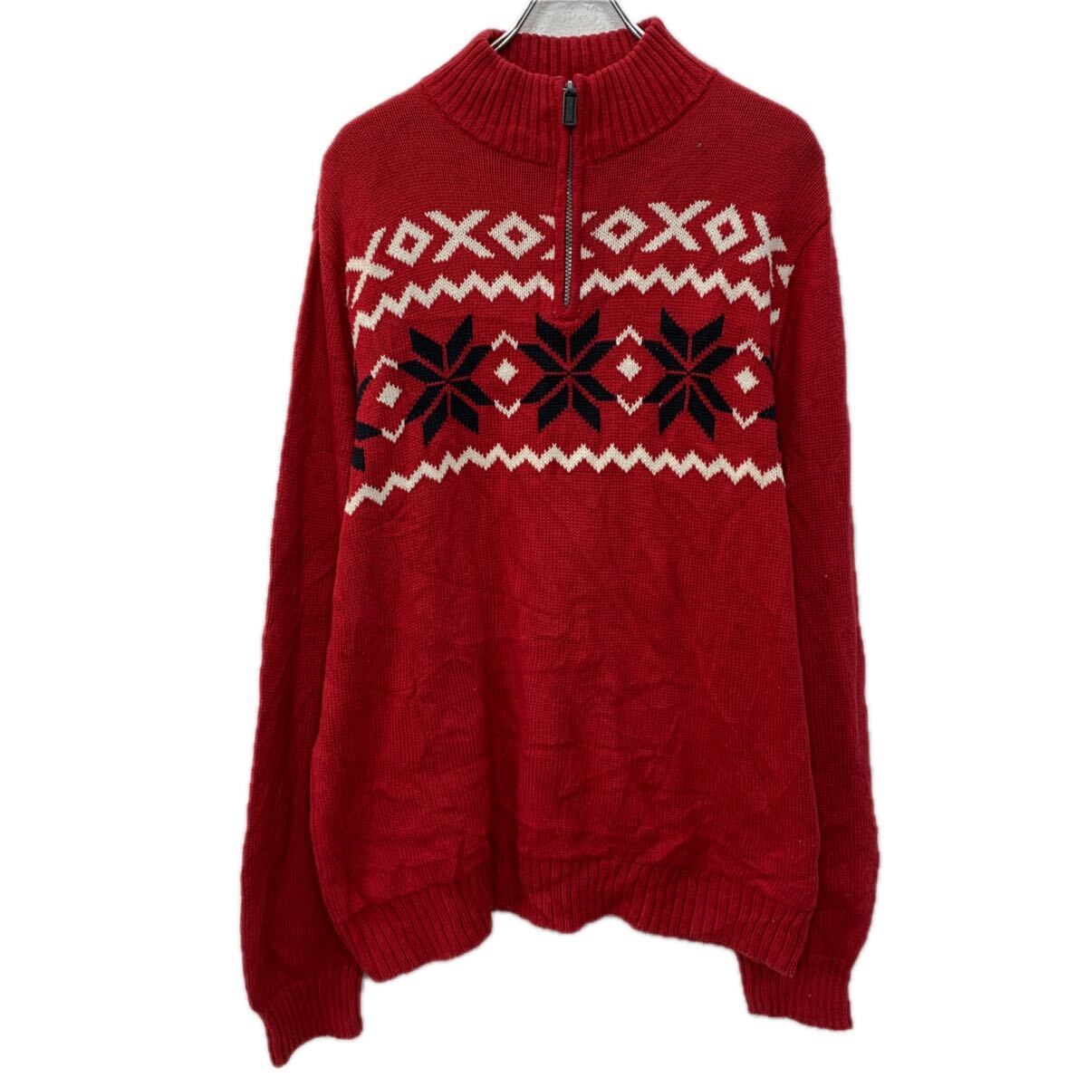 【中古】【古着】 CHAPS コットンニット セーター L レッド チャップス ハーフジップ モックネック ノルディック柄 コットン100% ニット 秋物 a712-5817