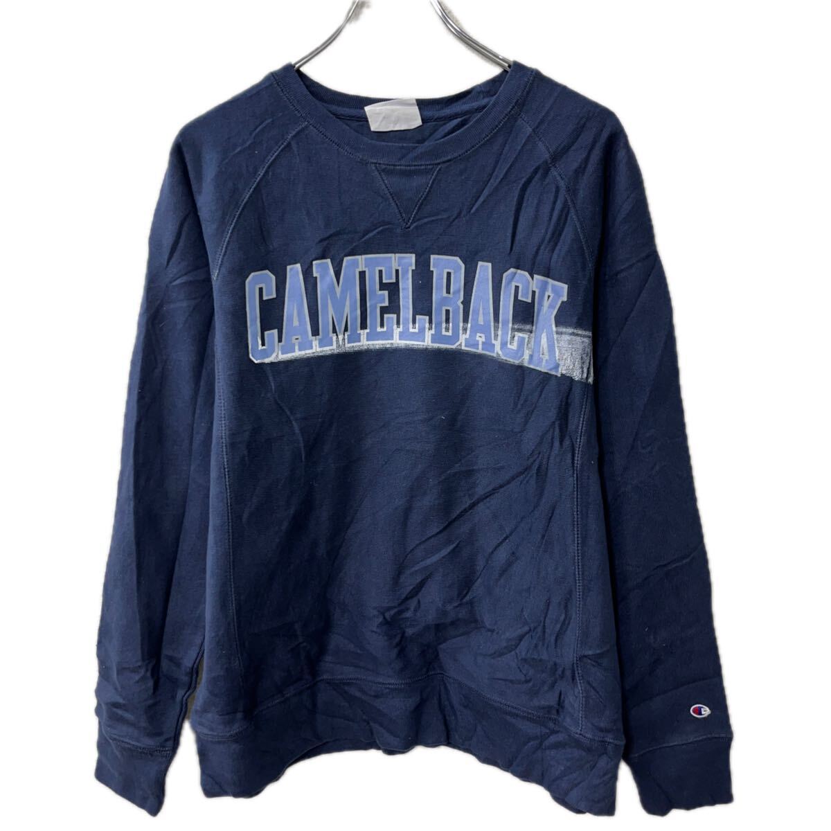 【中古】【古着】 Champion プリントスウェット トレーナー S ネイビー チャンピオン 裏起毛 リバースウィーブ ラグラン Vガゼット トップス 秋物 a712-5885
