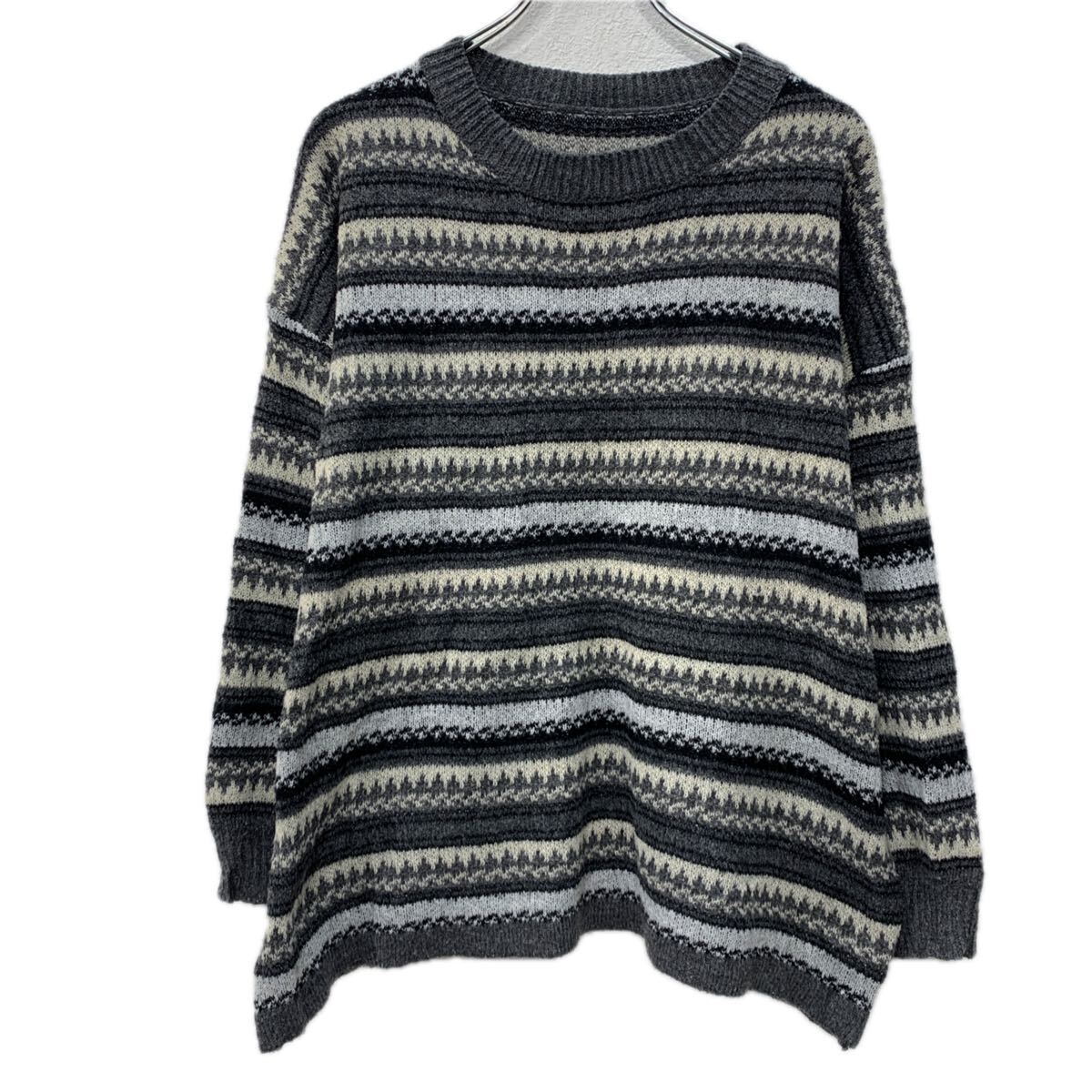 【中古】【古着】 ROMWE コットンニット セーター L グレー マルチカラー プルオーバー ボーダー ボーダーセーター モックネック 総柄ニット 秋物 a712-5900