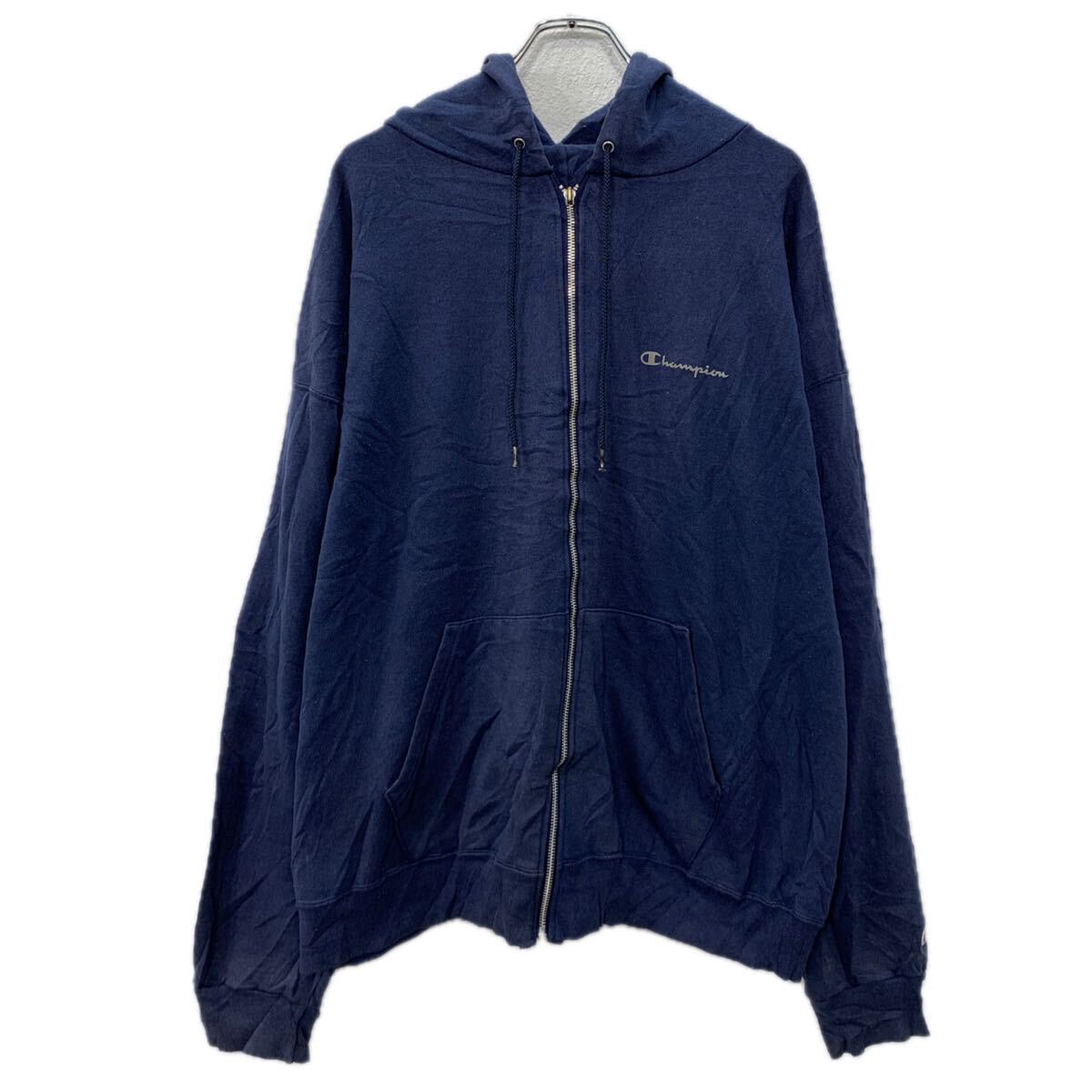 【中古】【古着】 Champion プリントスウェット パーカー XL ネイビー チャンピオン ジップアップ ワンポイント フーディー 無地スウェット 秋物 a712-5933