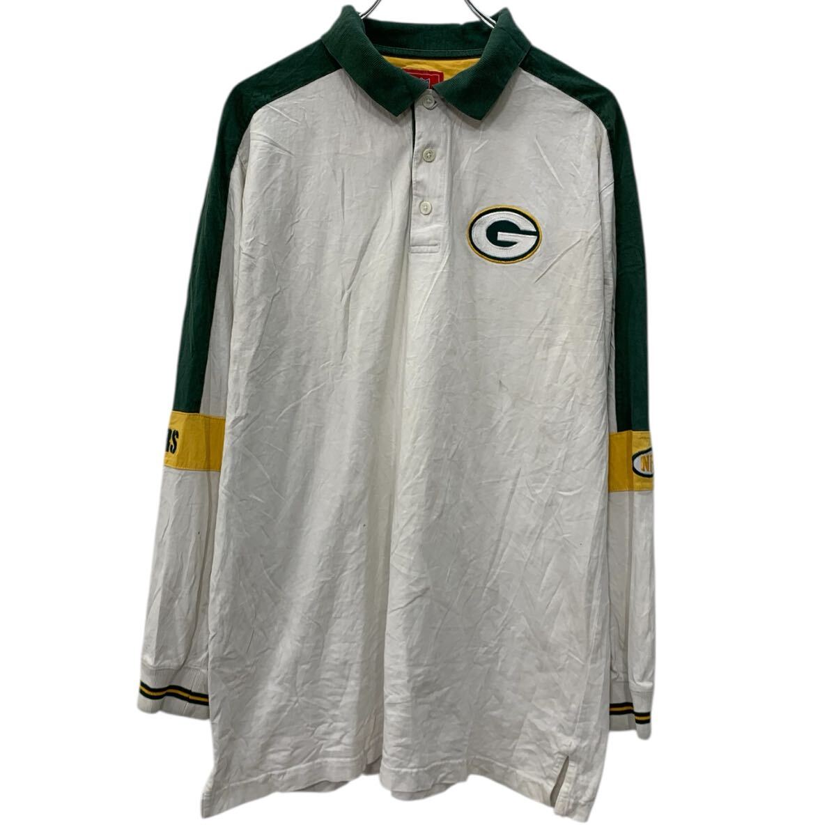 【中古】【古着】 NFL 長袖 ラガーシャツ L ホワイト グリーン エヌエフエル ハーフボタン ポロシャツ 刺繍ワンポイント スポーティー 春物 a712-5962