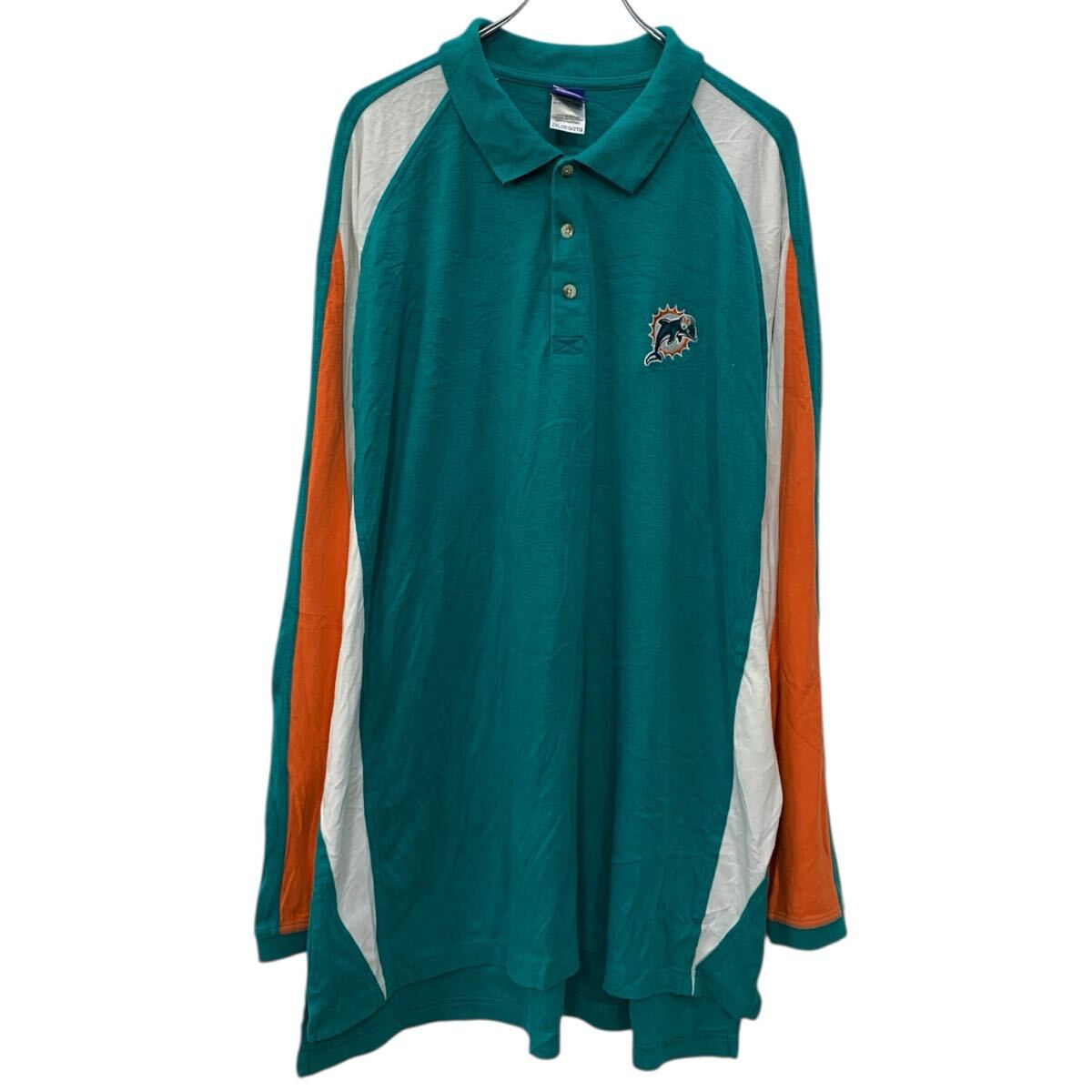 【中古】【古着】 NFL Reebok 長袖 ポロシャツ 2XL グリーン マルチカラー エヌエフエル リーボック ハーフボタン 刺繍ワンポイント ロング丈 秋物 a712-5965