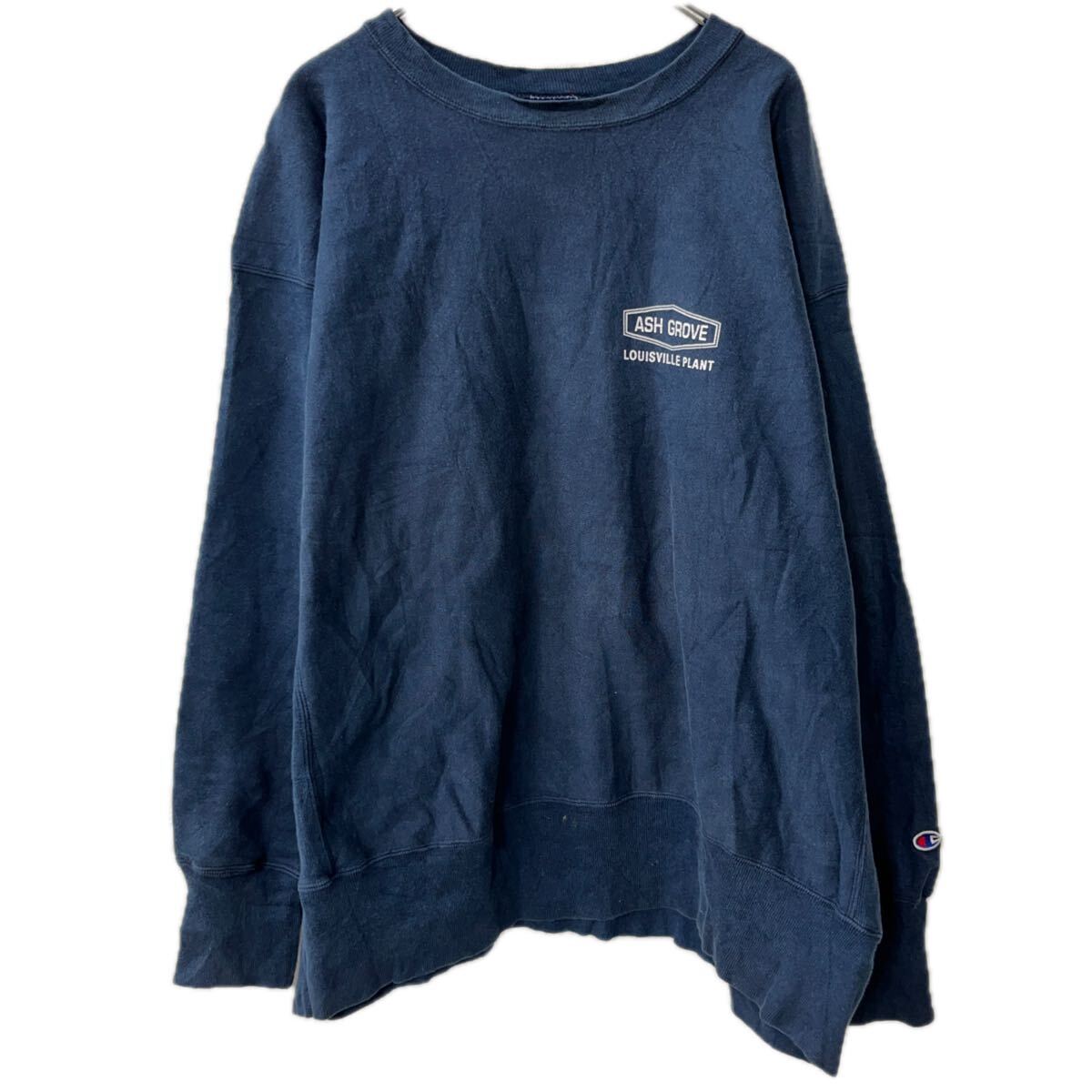【中古】【古着】 Champion プリントスウェット トレーナー 2XL ネイビー チャンピオン リバースウィーブ ビッグサイズ トップス 秋物 a712-5983