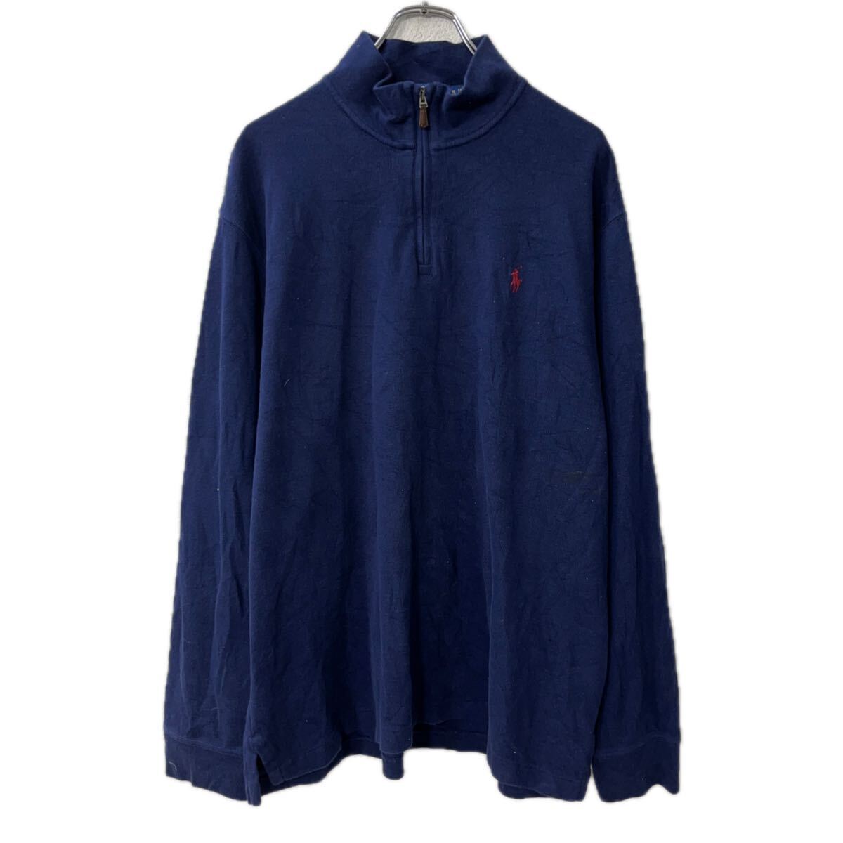 【中古】【古着】 POLO RALPH LAUREN コットンニット セーター XL ネイビー ポロラルフローレン コットン ハーフジップ ワンポイントロゴ 秋物 a712-5985