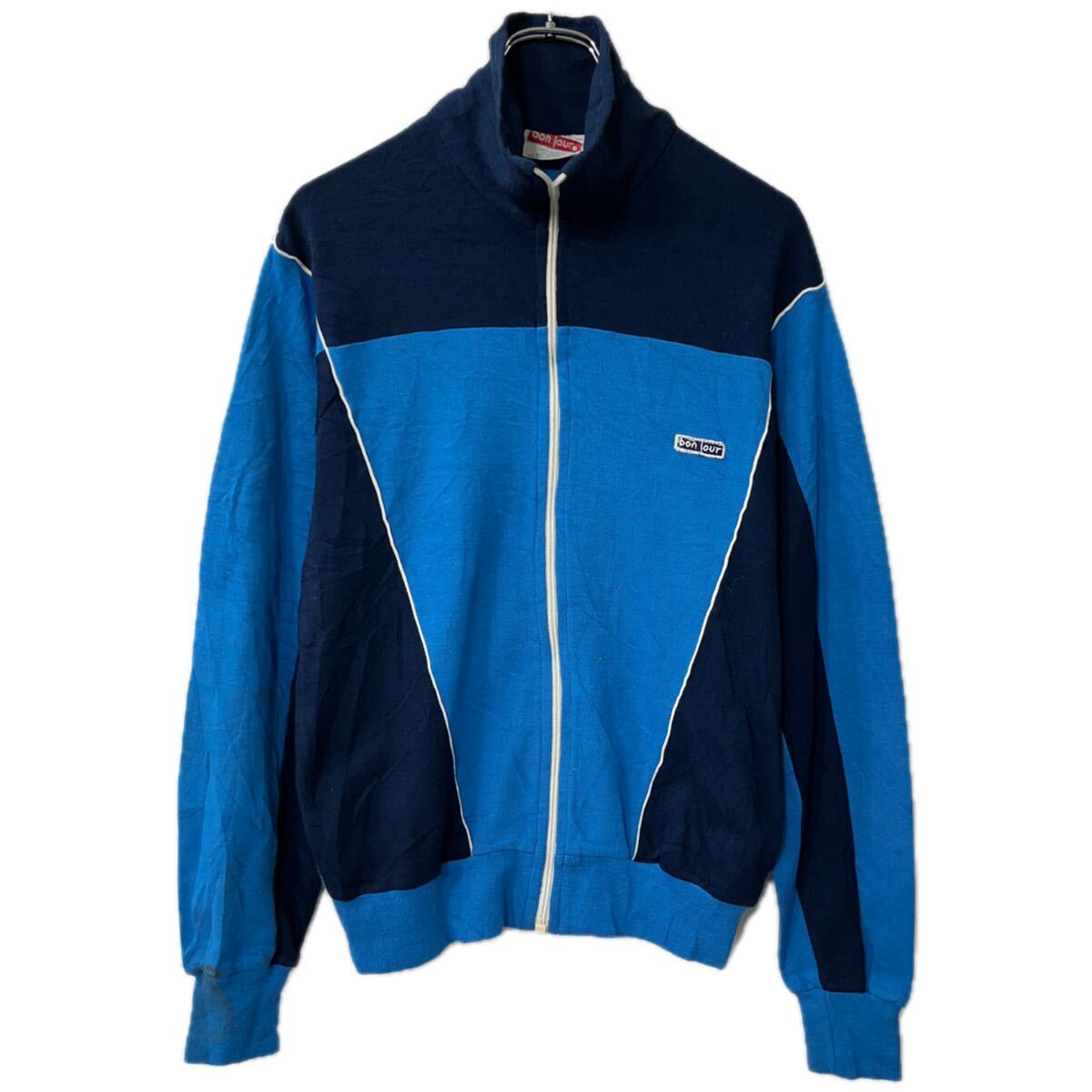 【中古】【古着】 bon jour ロゴスウェット トレーナー M ネイビー ブルー ジップアップ トップス 秋物 a712-5989