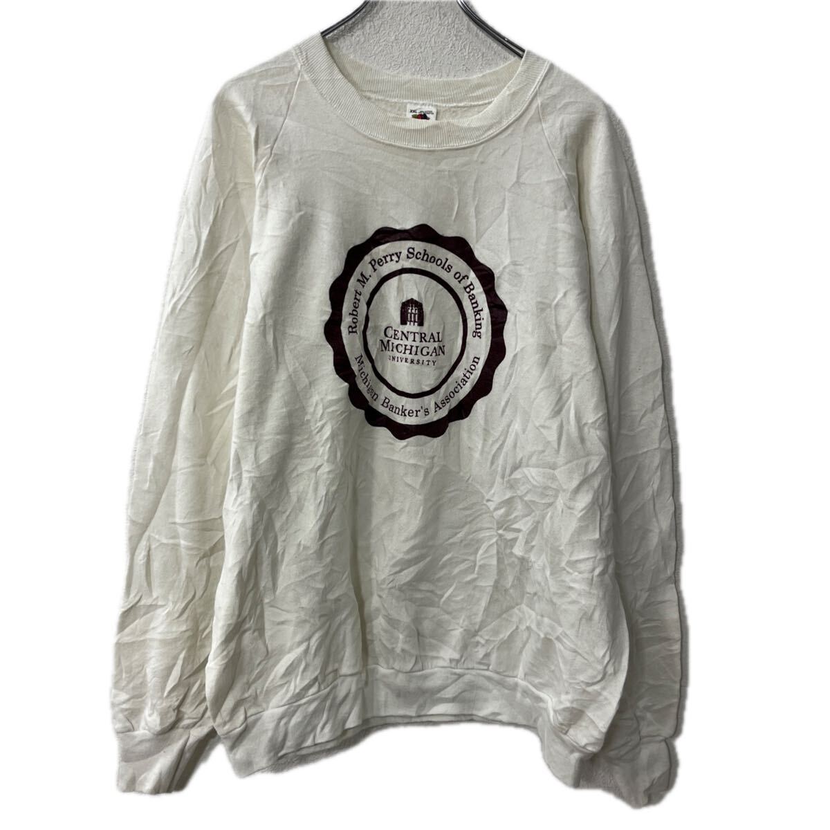 【中古】【古着】 90s USA製 FRUIT OF THE LOOM プリントスウェット トレーナー 2XL ホワイト フルーツオブザルーム 裏起毛 ラグラン 秋物 a712-6013