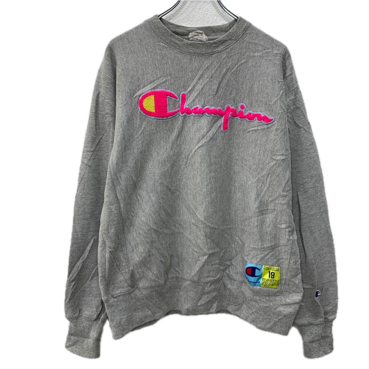 【中古】【古着】 Champion ロゴスウェット トレーナー MEDIUM グレー ピンク チャンピオン プルオーバー 3Dロゴ スウェット ビッグロゴ 秋物 a712-6044