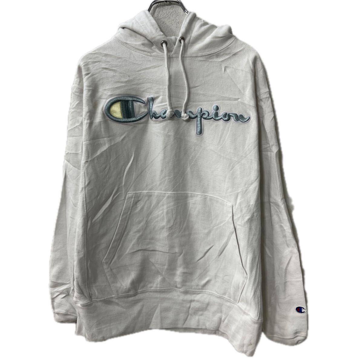 【中古】【古着】 Champion ロゴスウェット パーカー M ホワイト チャンピオン フーディー リバースウィーブ プルオーバー プリント トップス 秋物 a712-6048