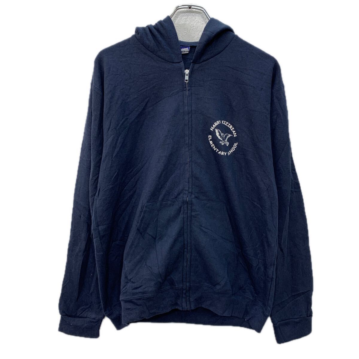 【中古】【古着】 Champion プリントスウェット パーカー L ネイビー ホワイト チャンピオン ジップアップ ジップパーカー フーディー 無地 秋物 a712-6076