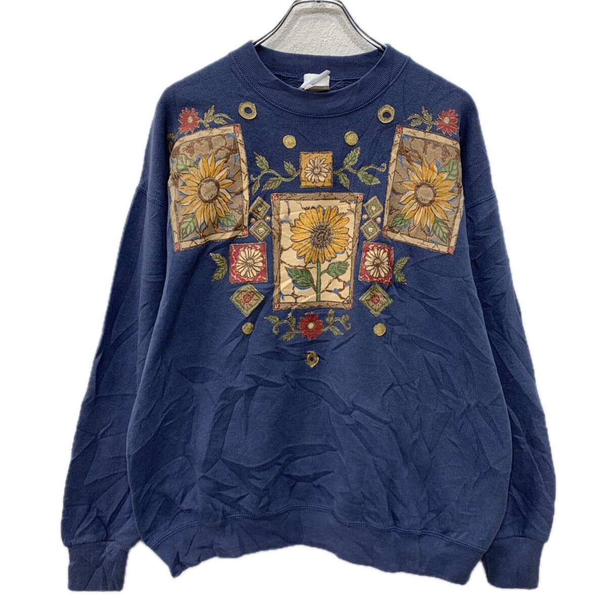 【中古】【古着】 USA製 INDIAINK paintwrks プリントスウェット トレーナー LARGE ネイビー プルオーバー ひまわり スウェット 秋物 a712-6083