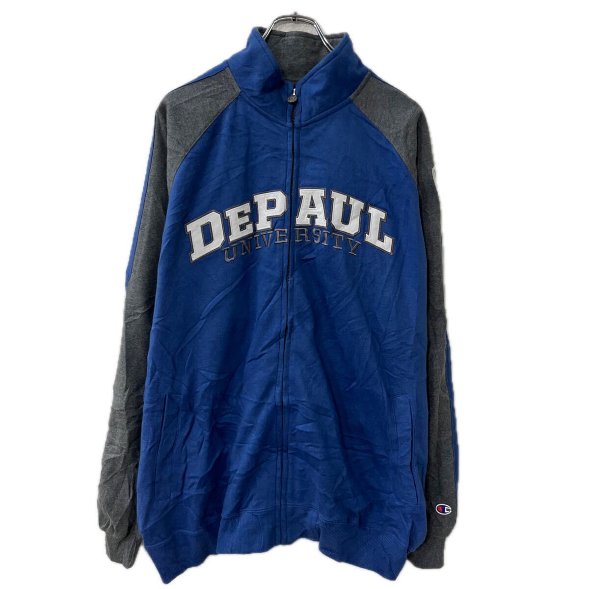 【中古】【古着】 Champion ロゴスウェット トレーナー 2XL ブルー グレー チャンピオン ジップアップ ラグラン プリント トップス 秋..