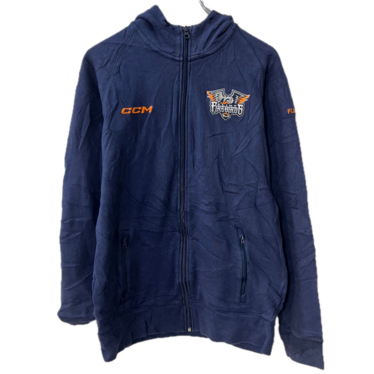 【中古】【古着】 CCM ロゴスウェット パーカー S ネイビー フーディー ジップアップ ラグラン 刺繍プリント トップス 秋物 a712-6104