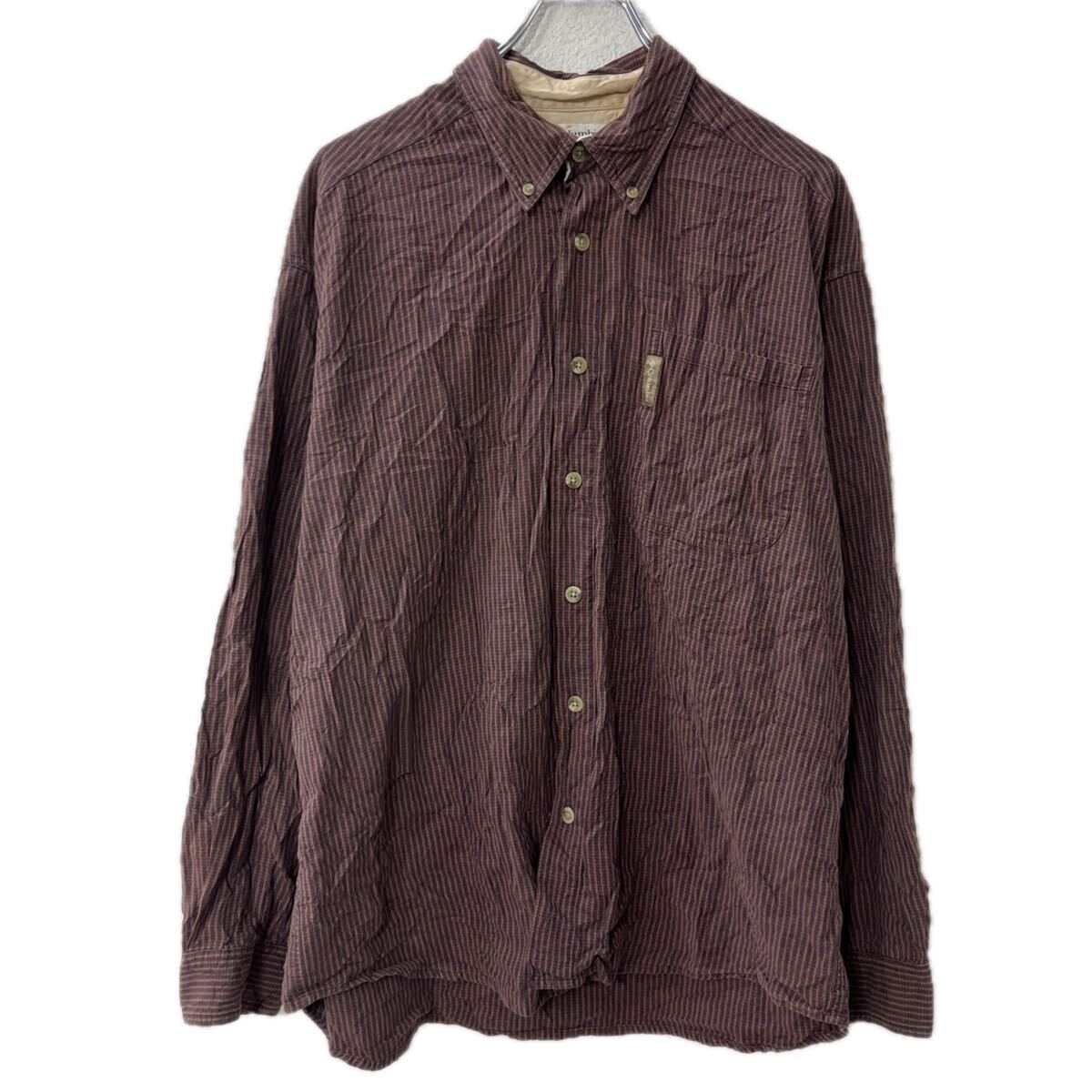 Rakuten - 【中古】【古着】 Columbia 長袖 ストライプシャツ L ブラウン コットン ボタンダウン 胸ポケット 長袖シャツ トップス 春物 a712-6122
