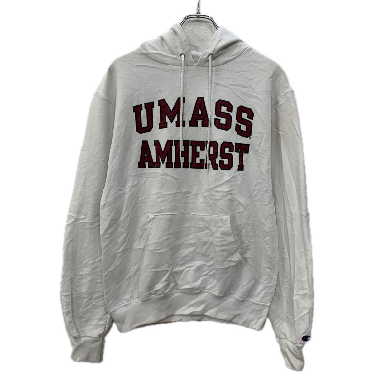 【中古】【古着】 Champion プリントスウェット パーカー S ホワイト エンジ チャンピオン プルオーバー ビッグプリント フーディー 秋物 a712-6151