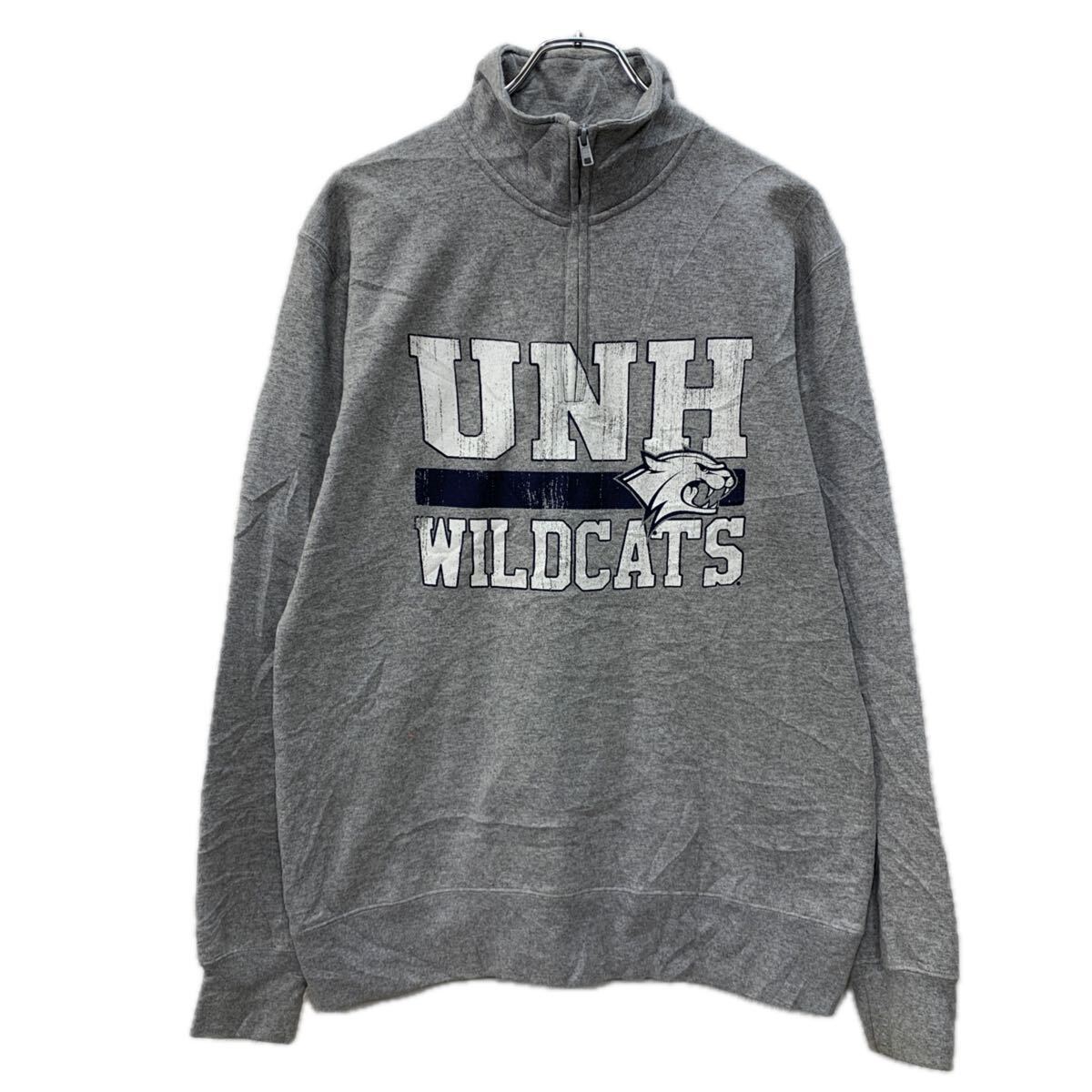 【中古】【古着】 Champion プリントスウェット トレーナー M グレー ホワイト ハーフジップ ビッグプリント スウェット プリント トレーナー 秋物 a712-6236