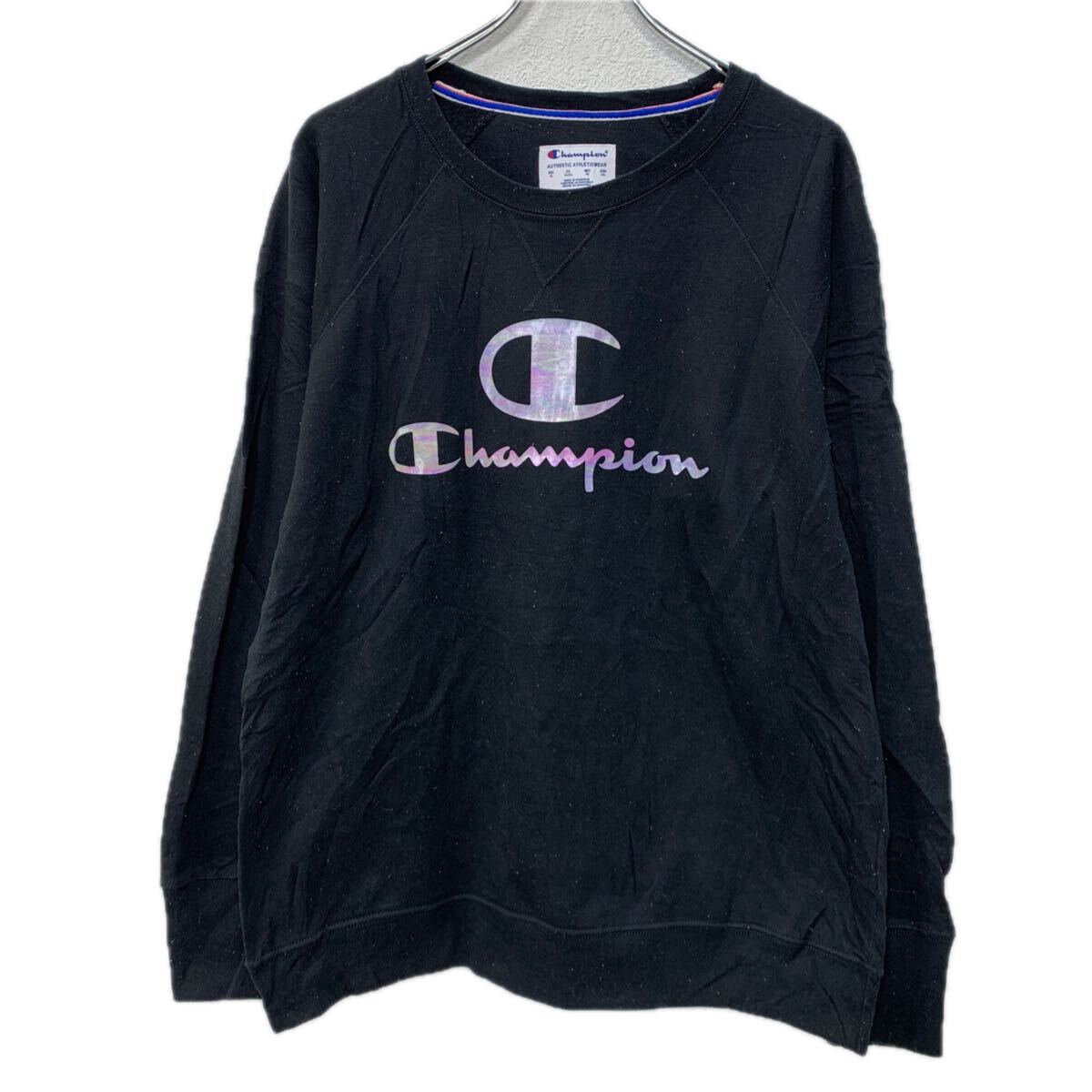 【中古】【古着】 Champion プリントスウェット トレーナー XL ブラック パープル チャンピオン プルオーバー ビッグプリント スウェット 秋物 a712-6339