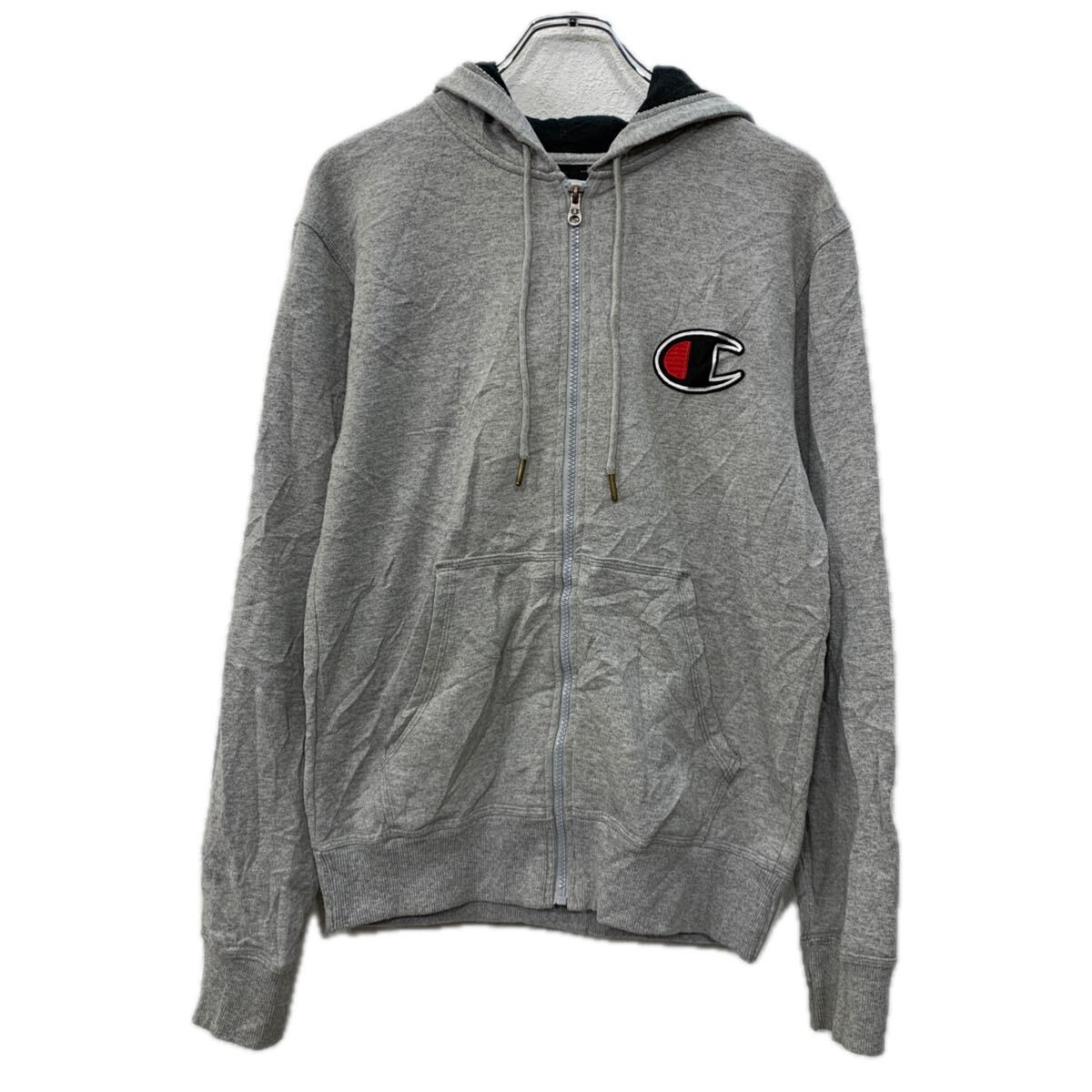 【中古】【古着】 Champion ロゴスウェット パーカー S グレー チャンピオン ジップアップ ジップパーカー フーディー 刺繍ワンポイント 秋物 a712-6379