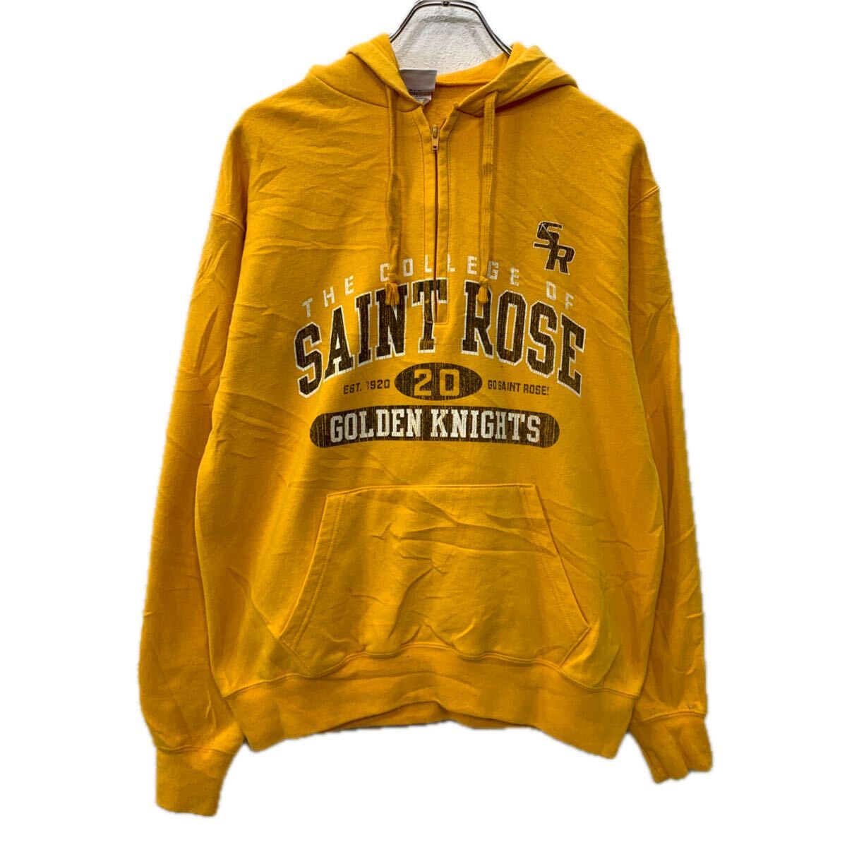 【中古】【古着】 Champion プリントスウェット パーカー M イエロー チャンピオン ハーフジップ フーディー ビッグプリント スウェット 秋物 a712-6380