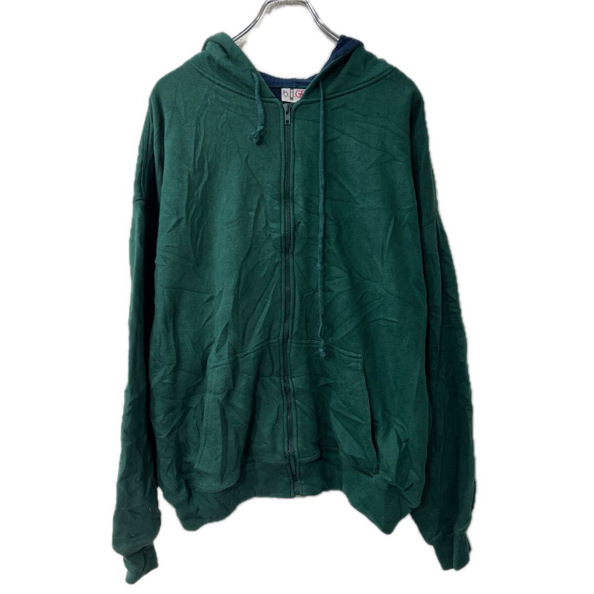 【中古】【古着】 b.i.GEAR 無地スウェット パーカー XL グリーン フーディー ジップアップ トップス 秋物 a712-6396