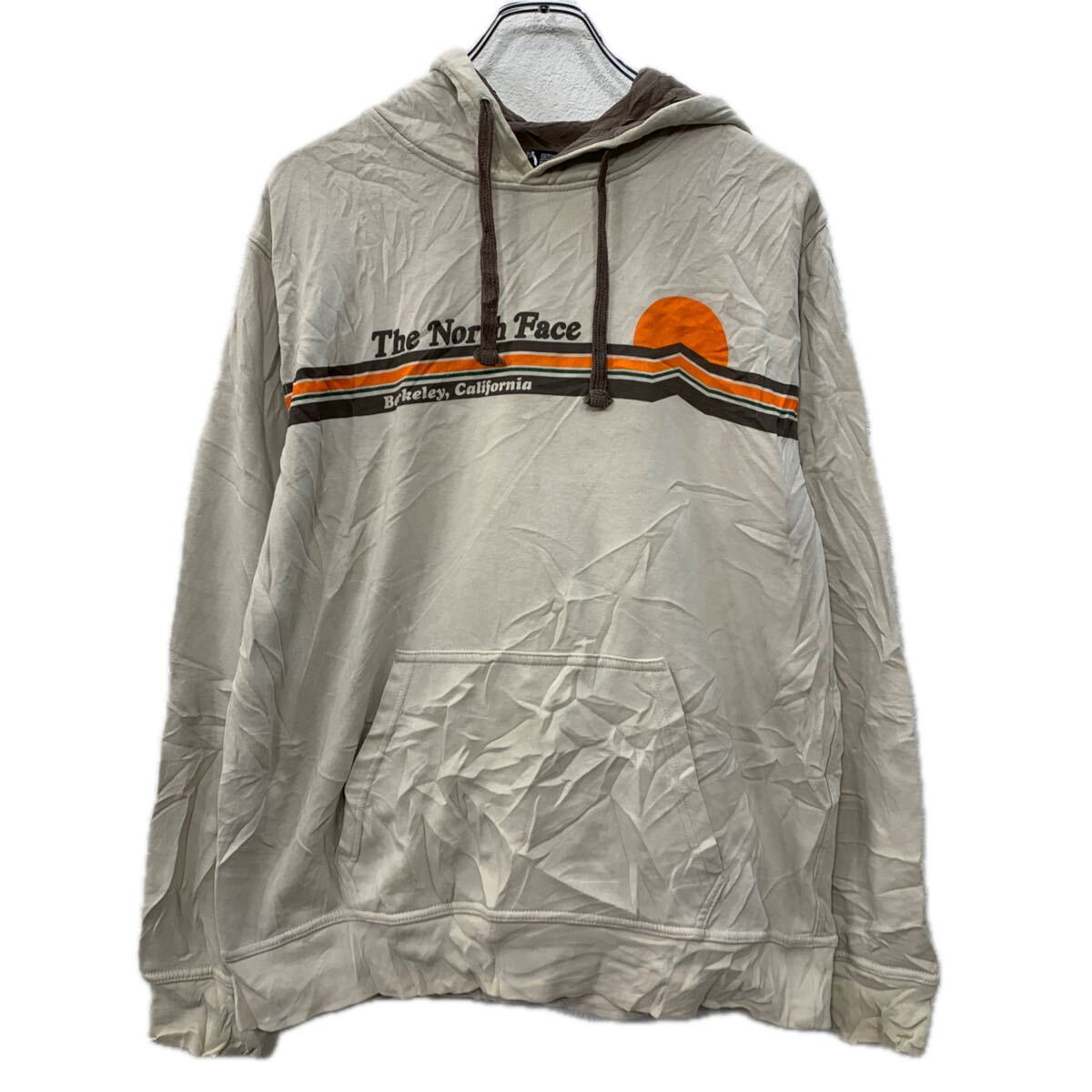【中古】【古着】 THE NORTH FACE プリントスウェット パーカー M ベージュ ザノースフェイス プルオーバー ビッグプリント フーディー 秋物 a712-6428