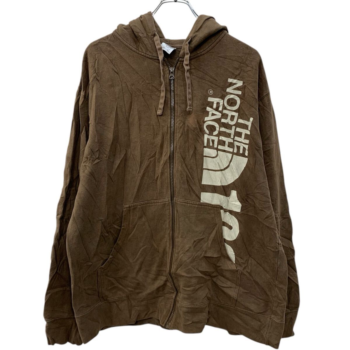 【中古】【古着】 THE NORTH FACE プリントスウェット パーカー XL ブラウン ザノースフェイス ジップアップ ジップパーカー フーディー 秋物 a712-6430