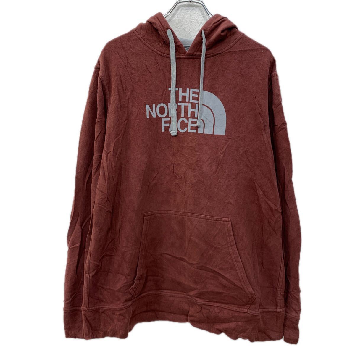 【中古】【古着】 THE NORTH FACE プリントスウェット パーカー L エンジ グレー ザノースフェイス プルオーバー ビッグプリント フーディー 秋物 a712-6459