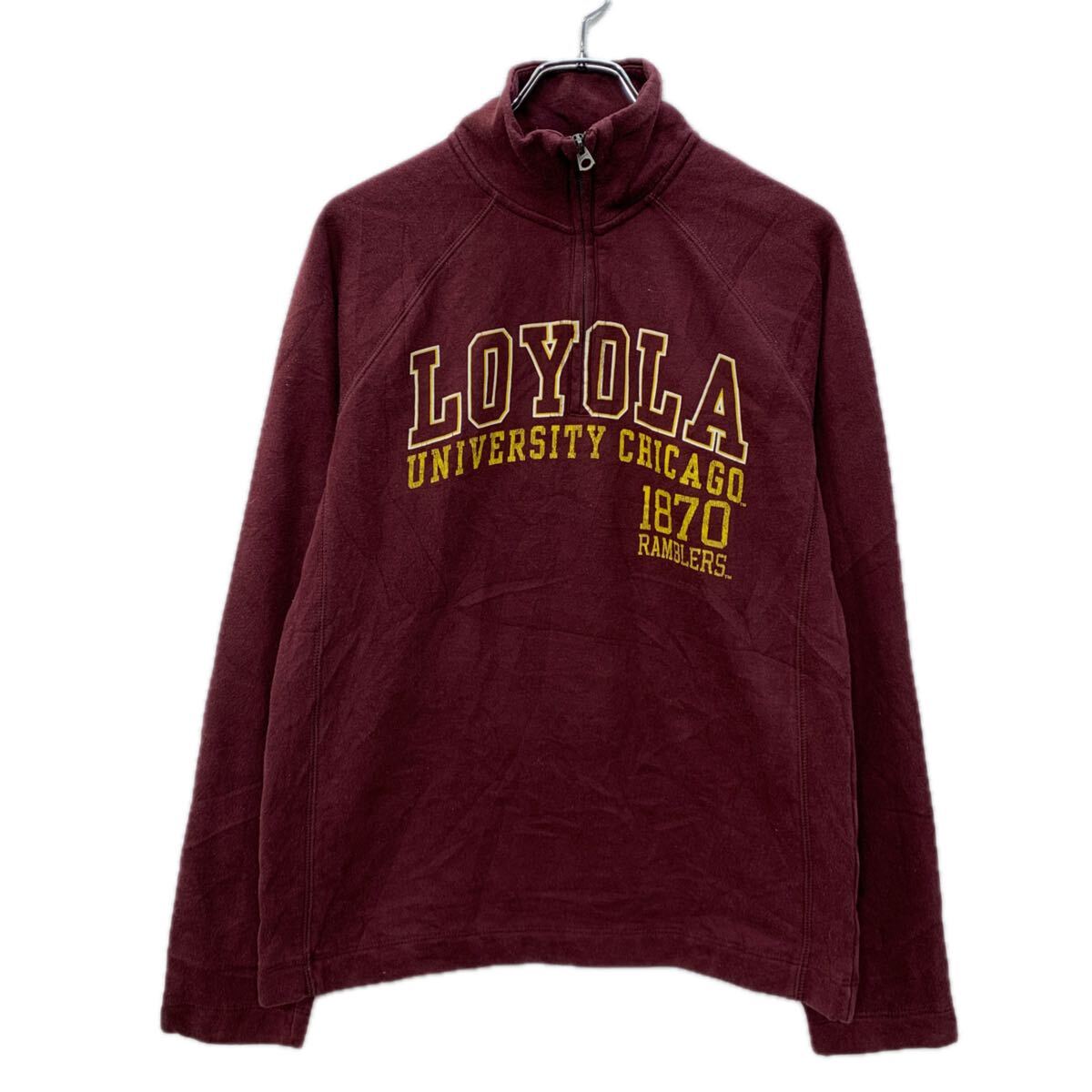 【中古】【古着】 JANSPORT プリントスウェット トレーナー L ワインレッド イエロー ジャンスポーツ ハーフジップ ビッグプリント 秋物 a712-6504