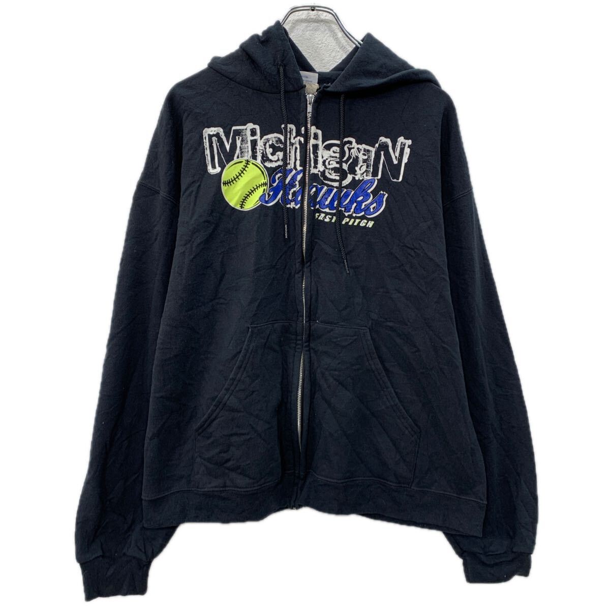 【中古】【古着】 Champion プリントスウェット パーカー XL ブラック マルチカラー チャンピオン ジップアップ ジップパーカー プリント 秋物 a712-6506