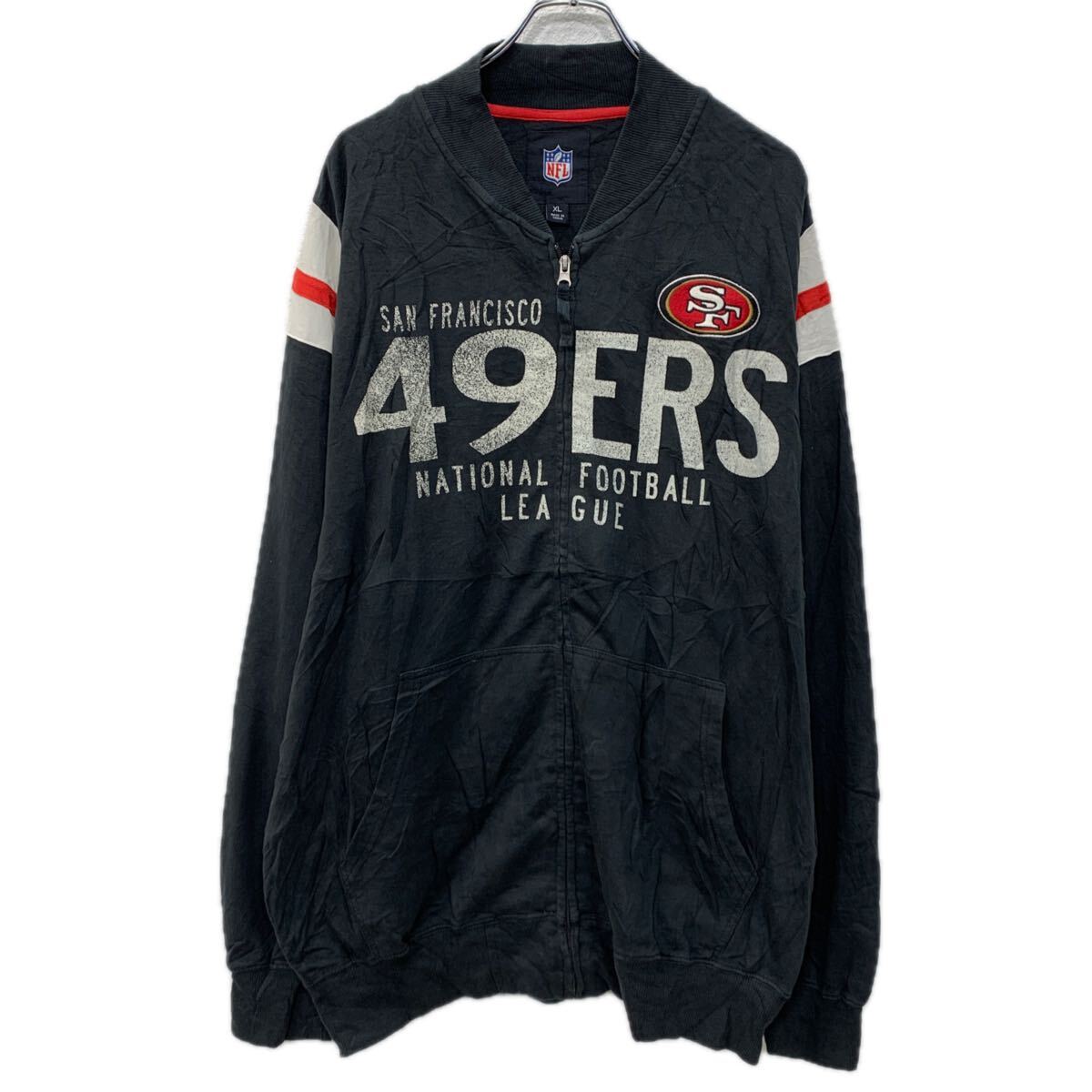 【中古】【古着】 NFL プリントスウェット トレーナー XL ブラック エヌエフエル ジップアップ ビッグプリント スポーティー スウェット 秋物 a712-6542