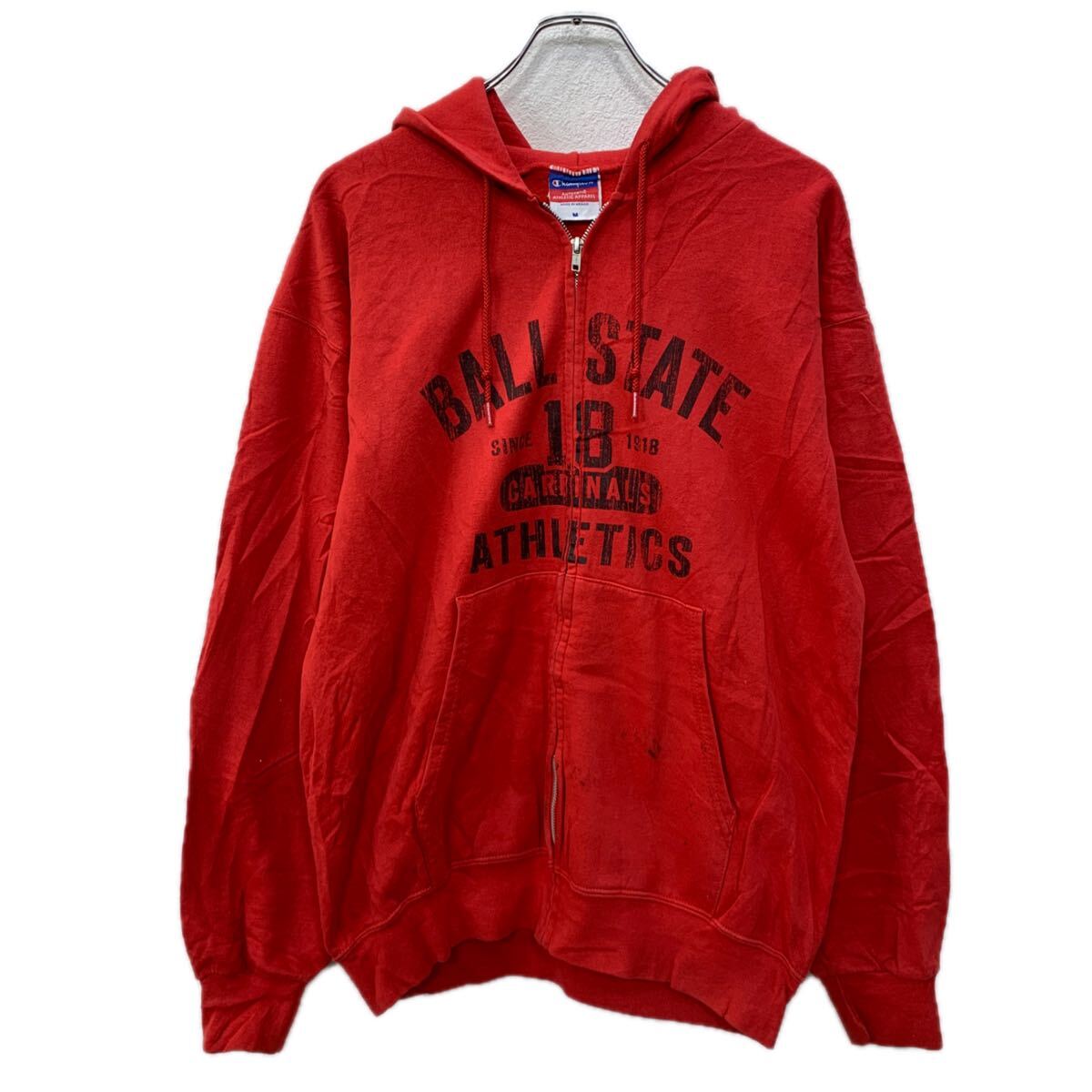 【中古】【古着】 メキシコ製 Champion プリントスウェット パーカー M レッド ブラック チャンピオン ジップアップ ジップパーカー 秋物 a712-6547