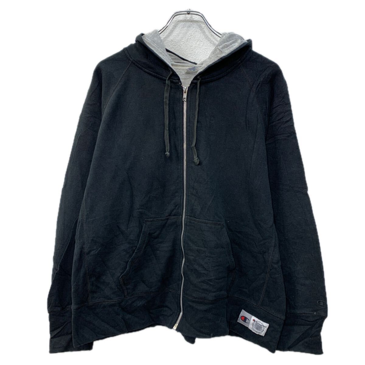 【中古】【古着】 Champion ロゴスウェット パーカー XL ブラック グレー チャンピオン ジップアップ ジップパーカー 無地スウェット 秋物 a712-6548