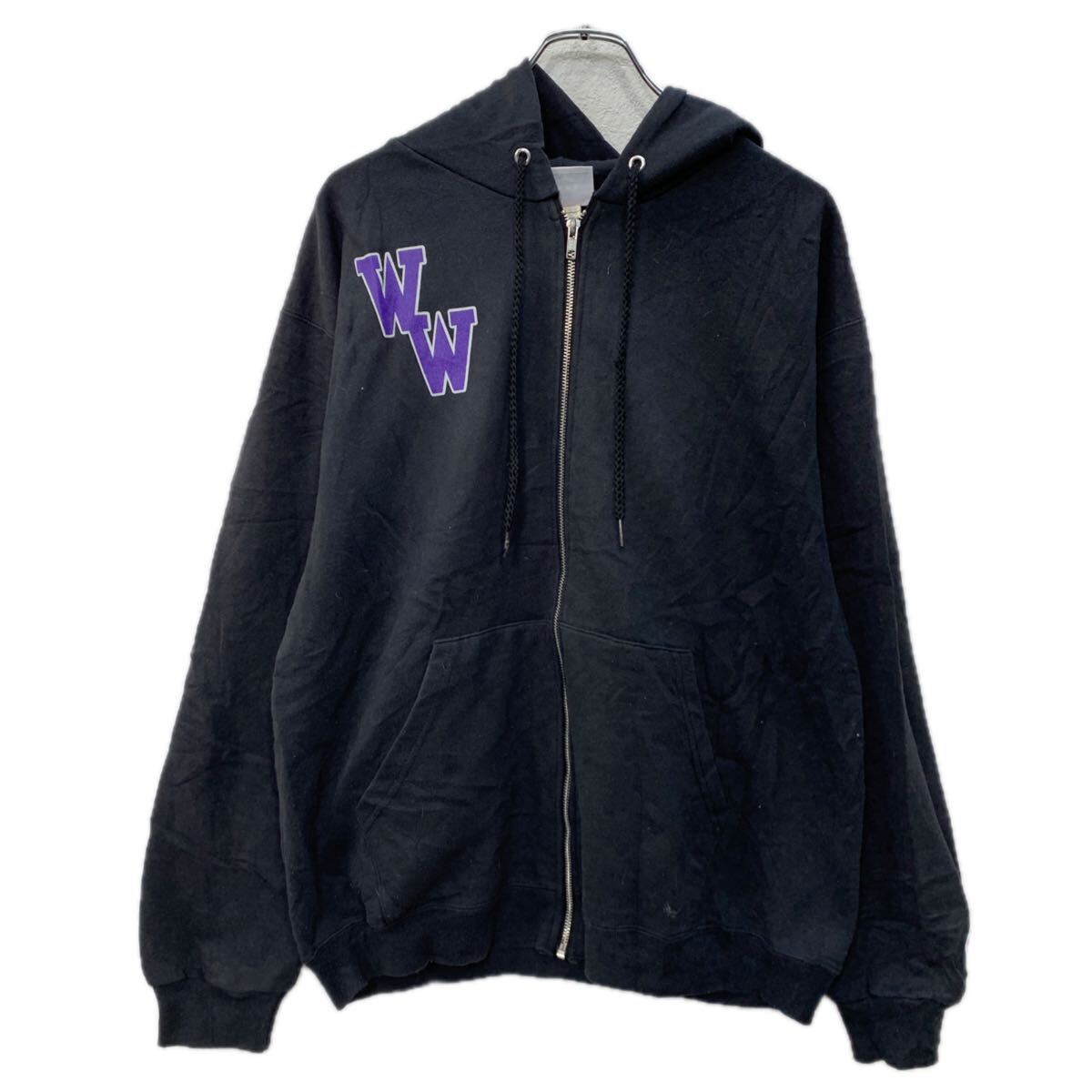 【中古】【古着】 Champion プリントスウェット パーカー M ブラック パープル チャンピオン ジップアップ ジップパーカー フーディー 秋物 a712-6549